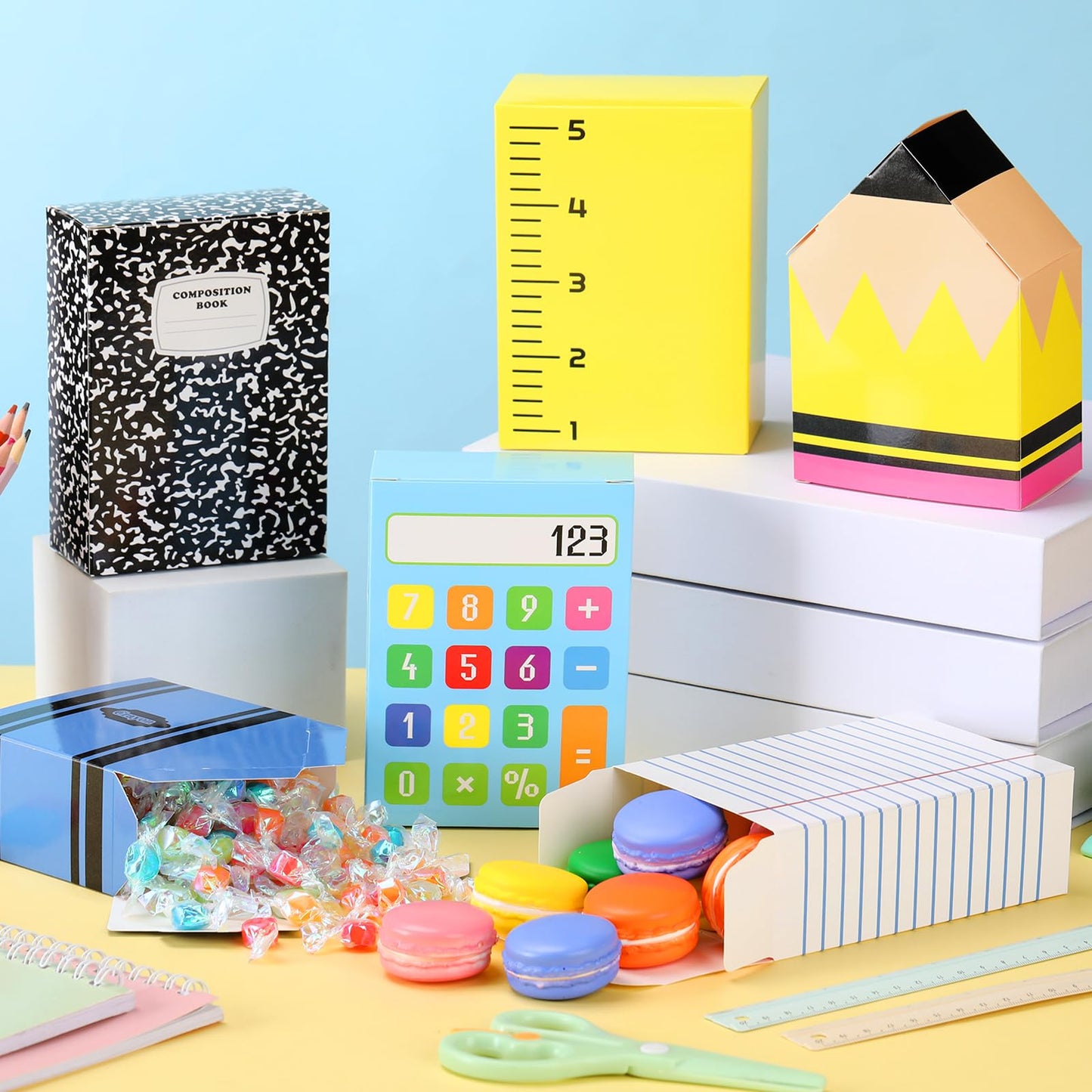 AmazingSpark 24 Pcs Teacher Gifts Boxes School Classroom Pencil Crayon Treat Boxes Composition Notebook Calculator Candy Holder Bags for Teachers Day Preschool Kindergarten Welcome Classroom Decor