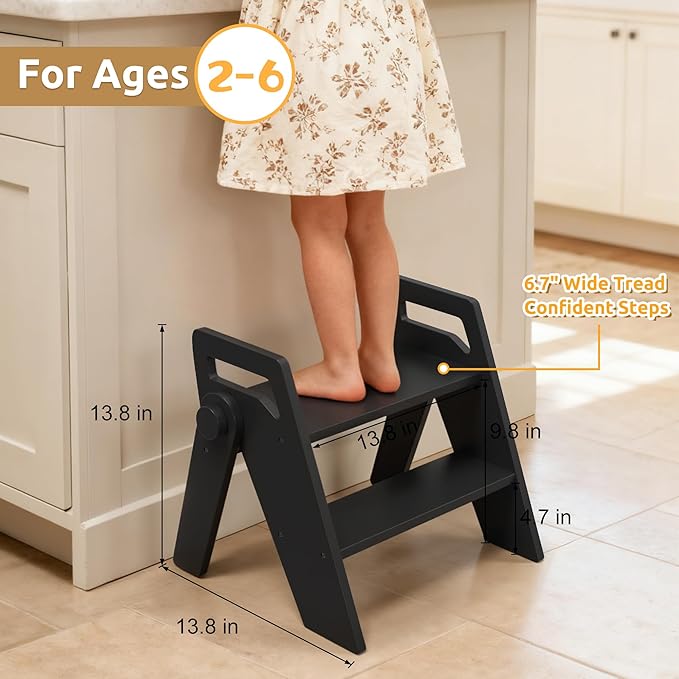 Wooden 2 Step Stool for Kids Bathroom Foldable 2-Step for Toilet Potty Training, Child Stepping Stool for Kitchen Nursery Bedroom