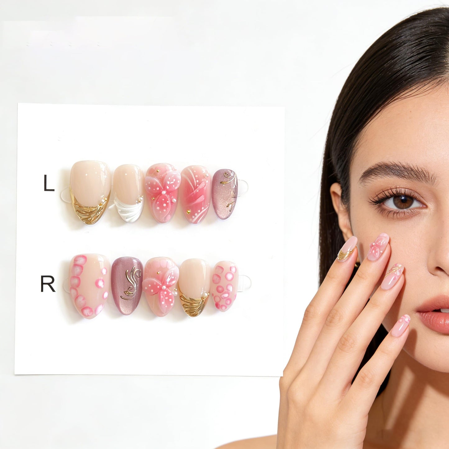 Handmade Press ons Nails Summer Pink 3D Flower Almond Shape Fake Nails with Gold Foil and Pearl Accents Reusable Glossy False Nails for Women M Size