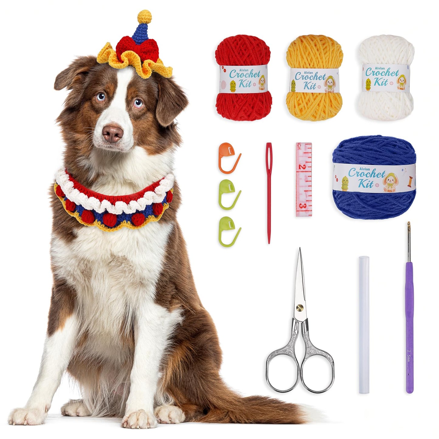 Alvian Crochet Kit for Beginners Adults Cat Collar Kit Crochet Starter Kit Adjustable Knitted Crochet Pet Scarf Hat Set with Video Tutorial Handmade Crochet Pet Gift