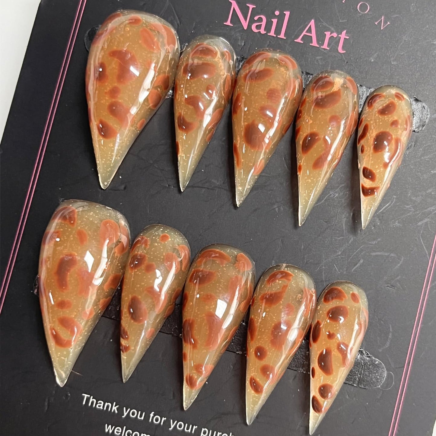 Handmade Press on Nails Medium Stiletto Brown Fake Nails Unique Eagle Claw Thick Acrylic Nails False Nails with Leopard Print Cat Claw Designs Fall Glossy Glue on Nail Curved Sturdy Nail Art 10Pcs(M)