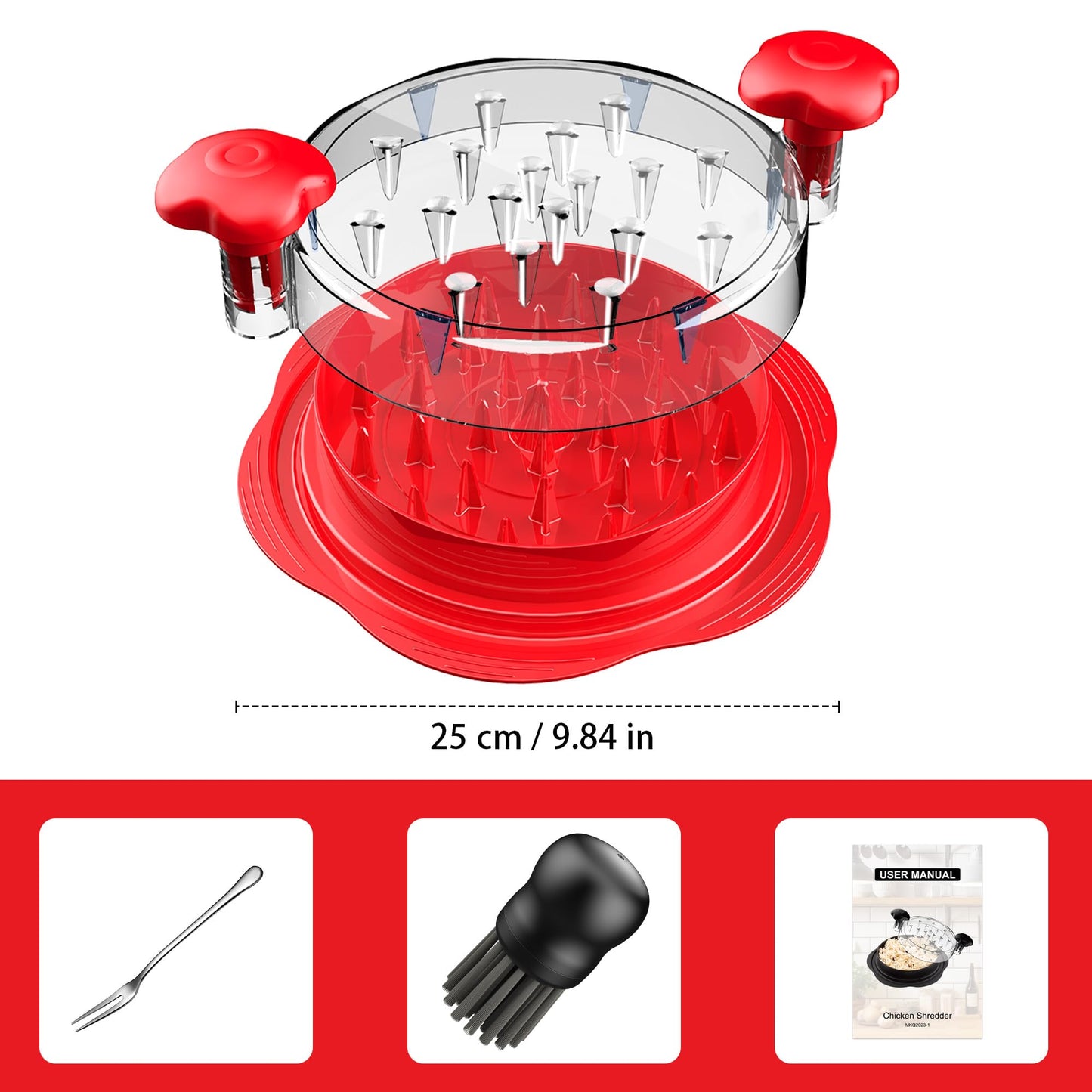 SURETIVIAN Chicken Shredder Large Chicken Breast Shredder Tool Twist with Brush&Fork, Visible Meat Shredder Machine, Anti-Slip Strip, Ergonomic Handle, BPA Free, Suitable for Pork Beef Chicken(Red)