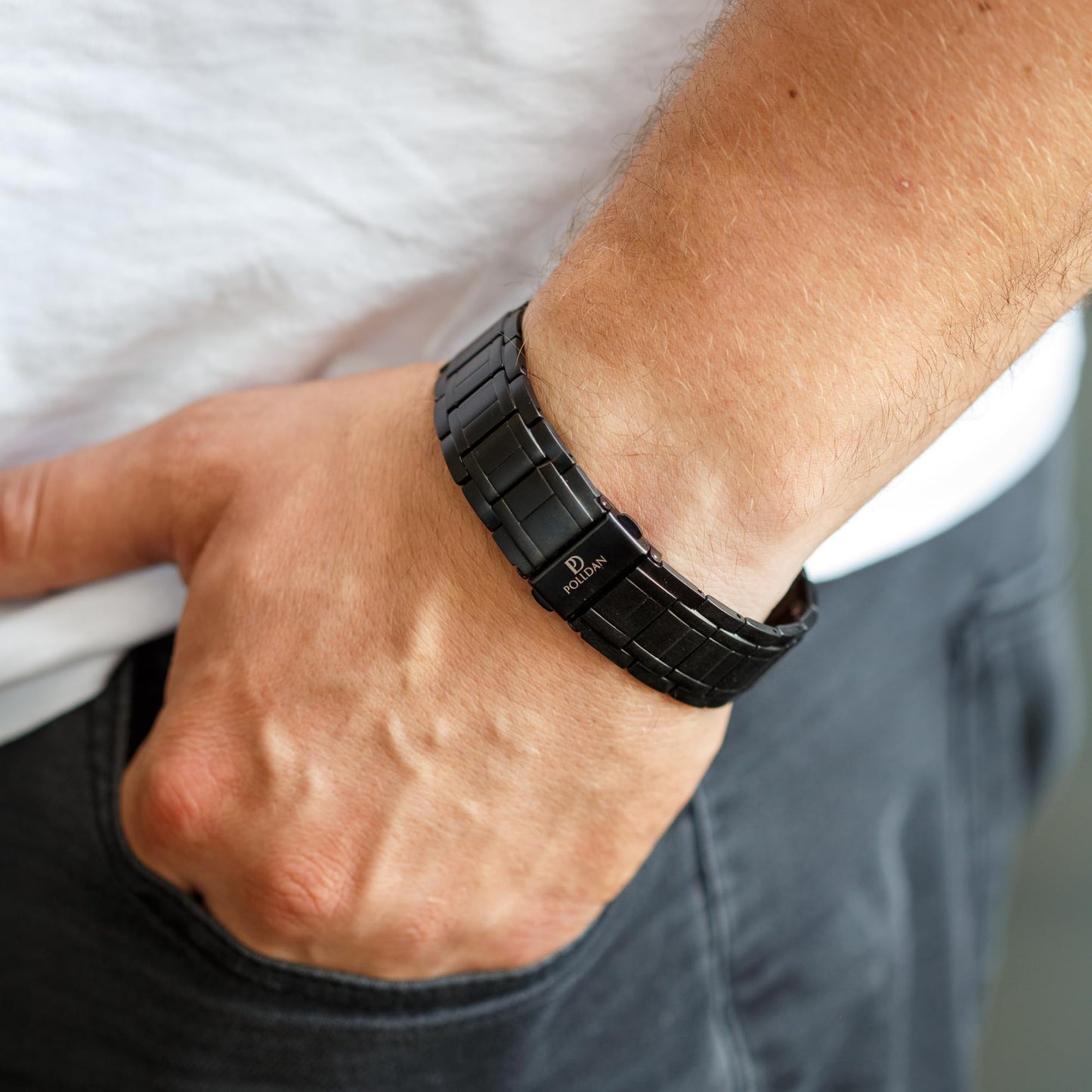 POLLDAN® Mens Magnetic Bracelet with 6200 Gauss Power | 3X Strength Mens Bracelet | Titanium Bracelets for Men with Fold-Over Clasp, Adjustable Length, Gift Box | Mens Wrist Jewelry (Black)