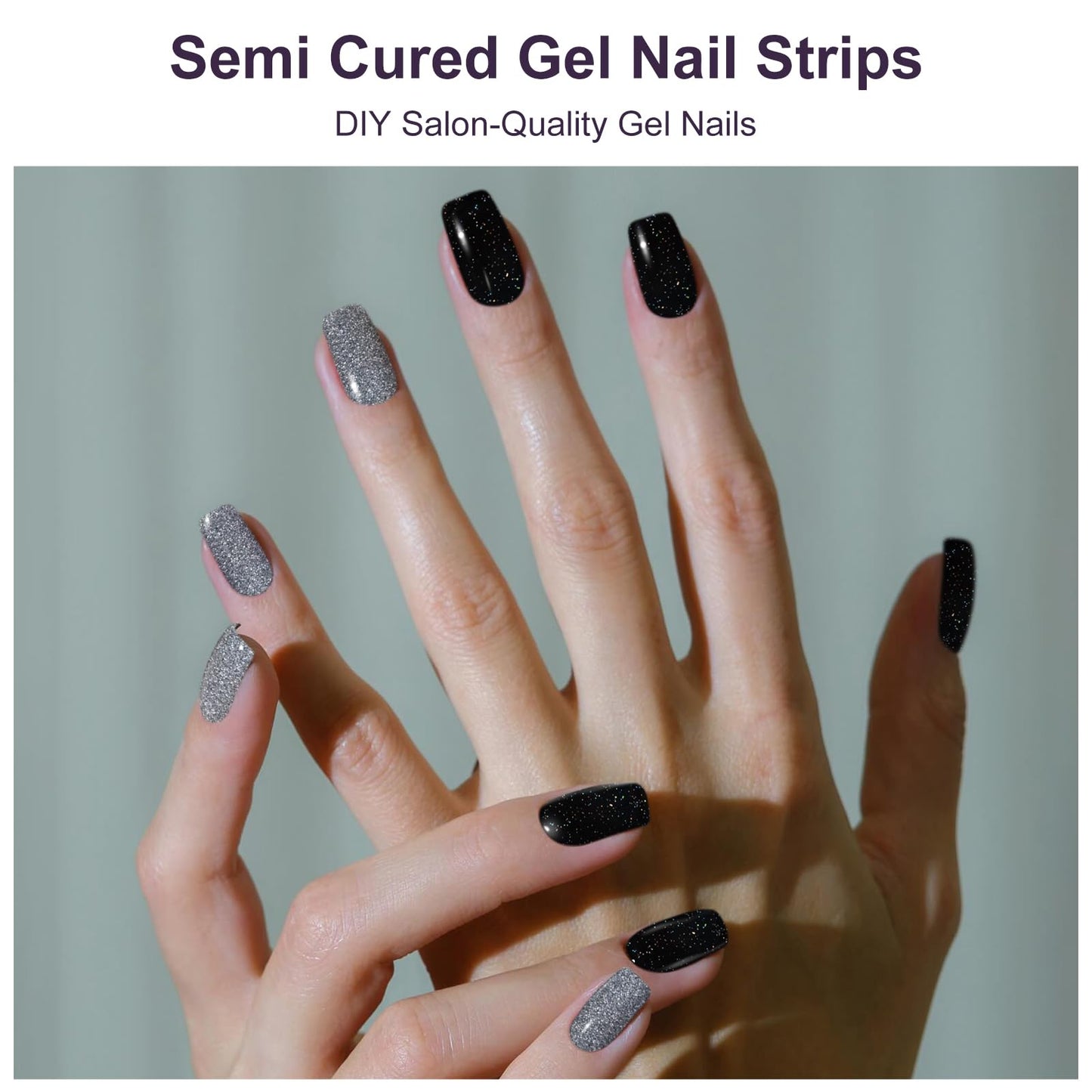 DUKASOU Semi Cured Gel Nail Strips, 56Pcs Nail Art Stickers/Wraps, Long Lasting UV Nail Polish Strips for Adults(Black Silver+White French Tip)