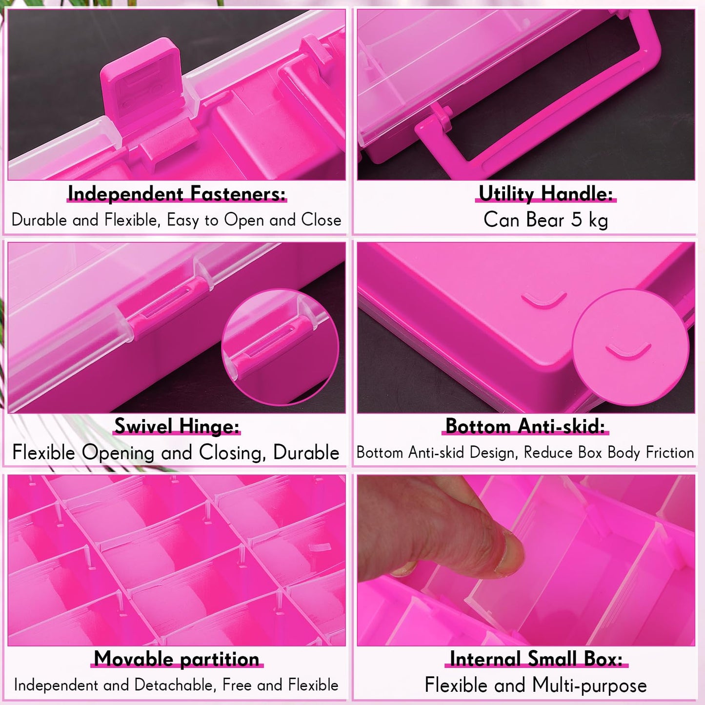 Juexica 2 Pcs Large 48 Grids Plastic Storage Bead Organizer Box, Tackle Box, Compartment Organizer Container with Adjustable Dividers for Jewelry Art Crafts Toys Screw Small Parts(Pink)