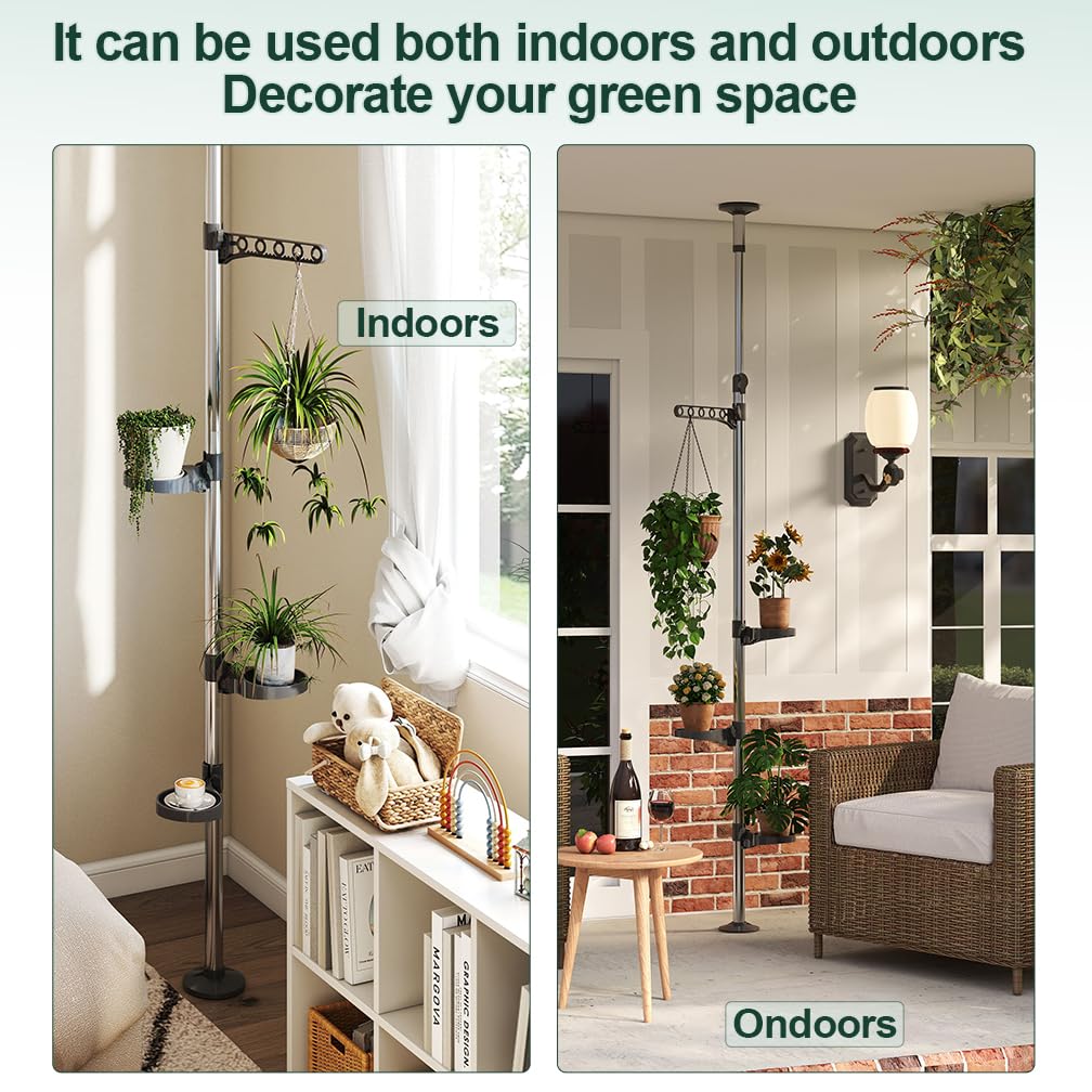 Hershii Indoor Plant Stand Pole Tension Rod Corner Standing Shelf Adjustable Flower Pots Holder Display Rack with 1 Hook & 3 Trays - Grey