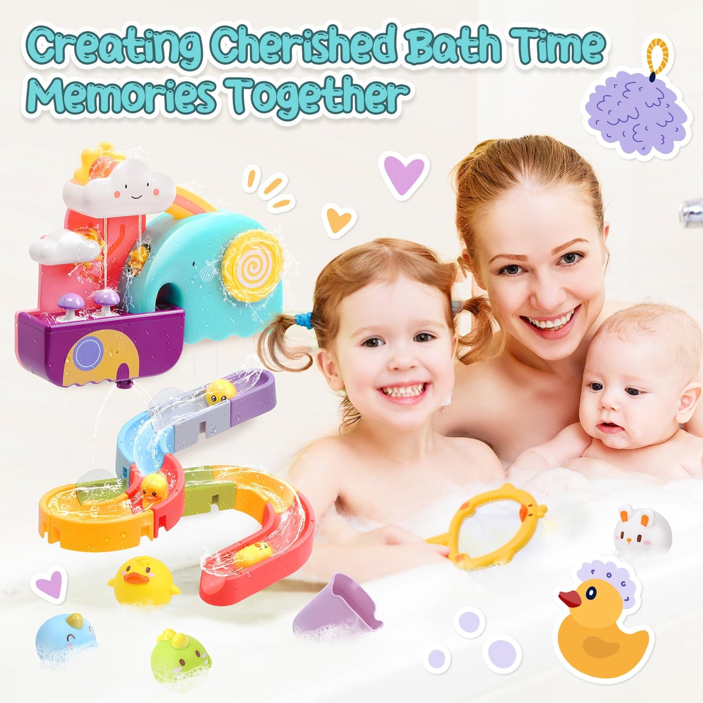 CUTE STONE Baby Bath Toys, No Hole Floating Squirting Bathtub Toy W/ Water Slide Building Track, Duck Fishing Net Game, Toddler Shower Toys, Water& Pool Toys, Educational Gifts for Boys Girls