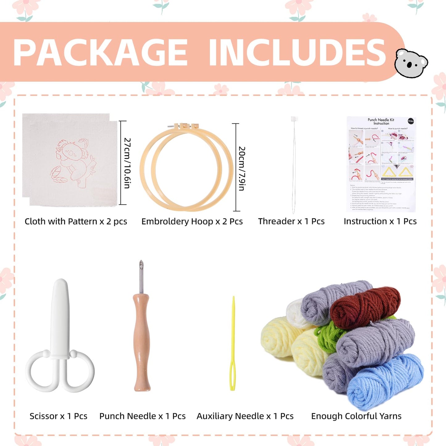 iienjoy 2 Pcs Koala Punch Needle Kit - Easy Punch Needle Embroidery Kits for Beginners Adults, Cute Animals Art Work Decor Punch Stitching kit with Tools, Yarns, Hoop, Instruction
