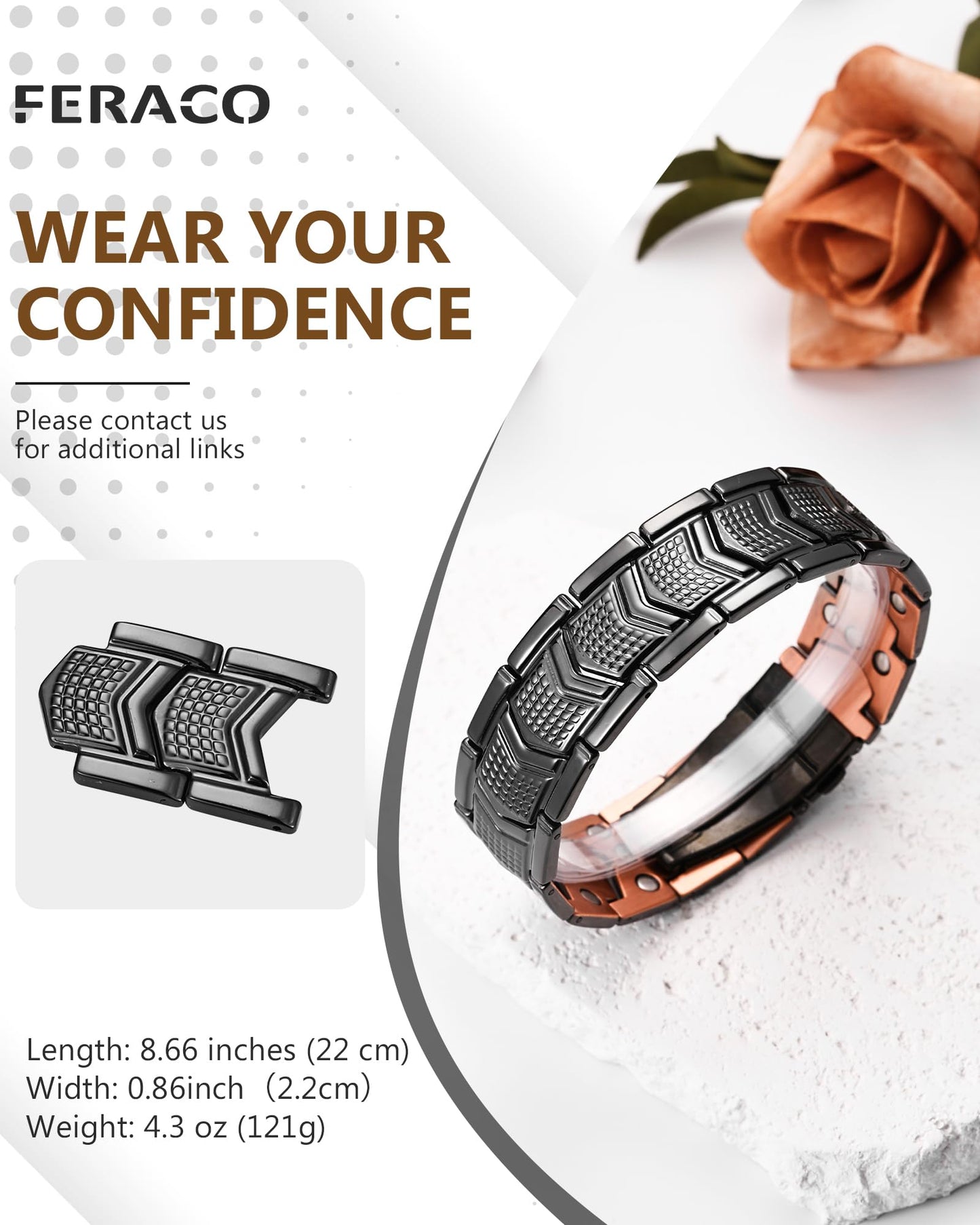 Feraco Copper Bracelet for Men 3X Strength,Magnetic Therapy Bracelet Copper Jewelry with Powerful 3800 Gauss Magnets,Cooper Bracelet for Man,Premium Fold-Over Clasp(Black)