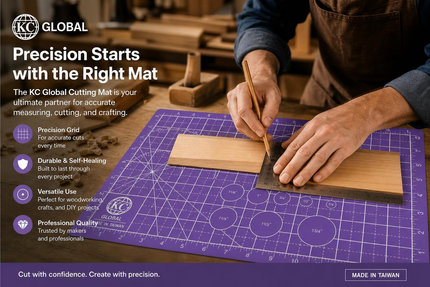KC GLOBAL A4 (13"x9") Professional Grade Self-Healing Double-Sided PVC Cutting Mat (Purple) - Odor-Free, Eco-Friendly, Non-Slip, Premium Desk Mat for DIY, Crafting, Model Building and Art Projects