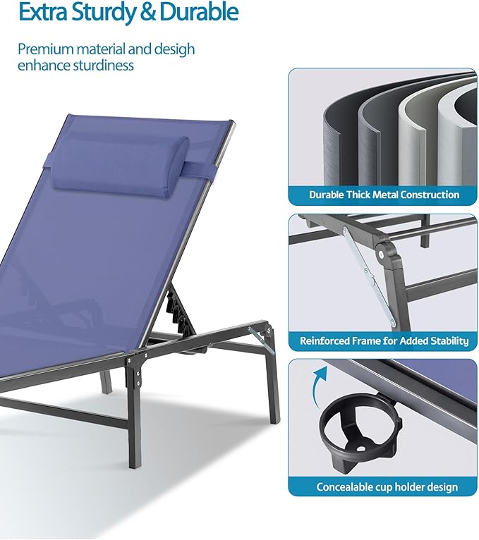 Foldable Chaise Lounge Chair with Cup Holder, Assemble-Free Outdoor Lounge Chair with Detachable Pillow and 6 Adjustable Backrest, Patio Lounge Chair for Outside Poolside Beach Pool, Blue