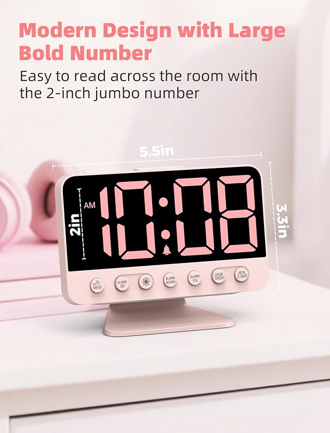 Odokee Digital Alarm Clocks for Bedrooms with Large Bold Number | Pink Alarm Clock with 8 Night Lights & Dimmable Display - Cute Alarm Clock with 5 Sounds for Girls Teens Kids - Sakura Pink