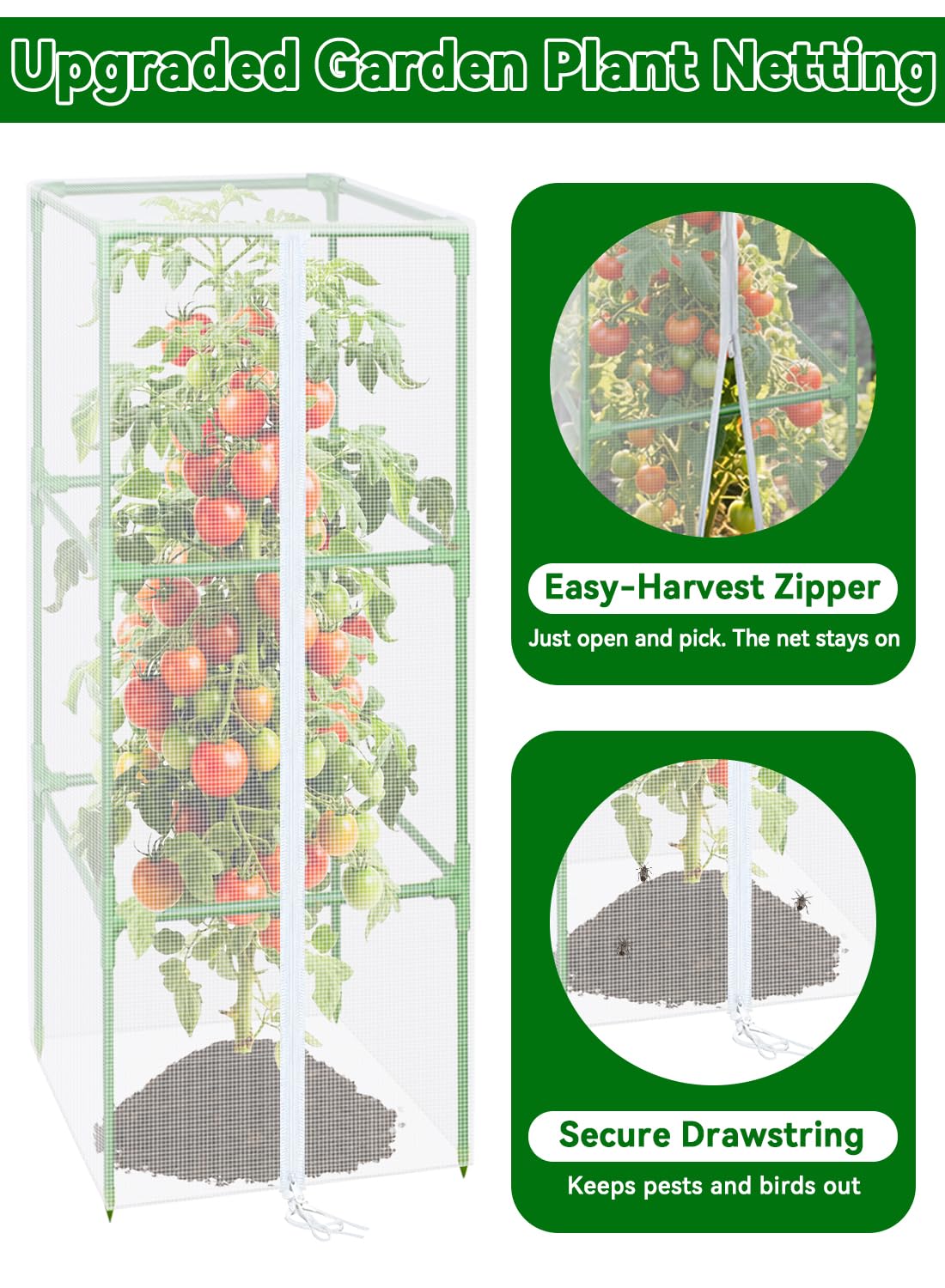 ZeeDix 57" x 16.1" Garden Bird Netting for Square Tomato Cage, 4 Pack Garden Mesh Barrier, Plant Covers Protect Tomatoes, Vegetables, Blueberry Bush from Birds & Pests