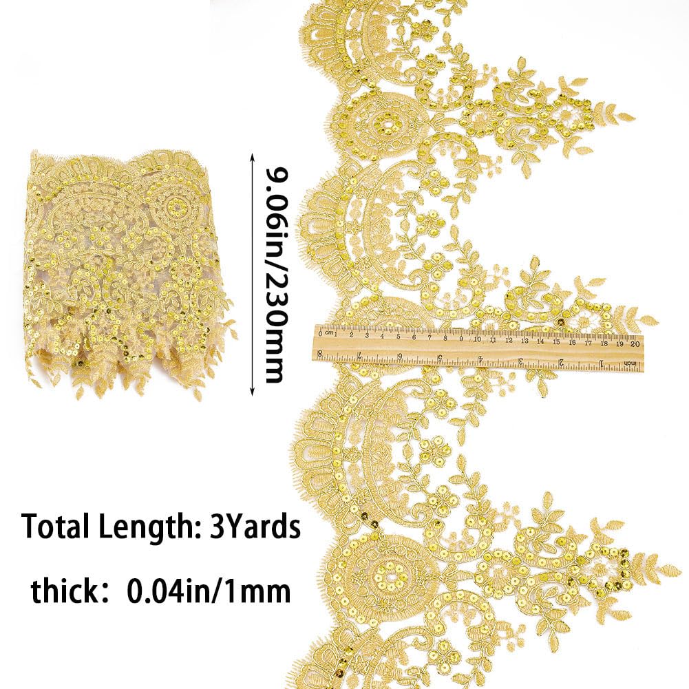 GORGECRAFT 3 Yards 9 Inches Width Sequin Flower Embroidery Lace Ribbon Metaillic Venice Edging Trimming Applique Sewing Lace Trim Floral Lace Crown Edge for Fabric Embroidered Wedding Bridal(Golden)