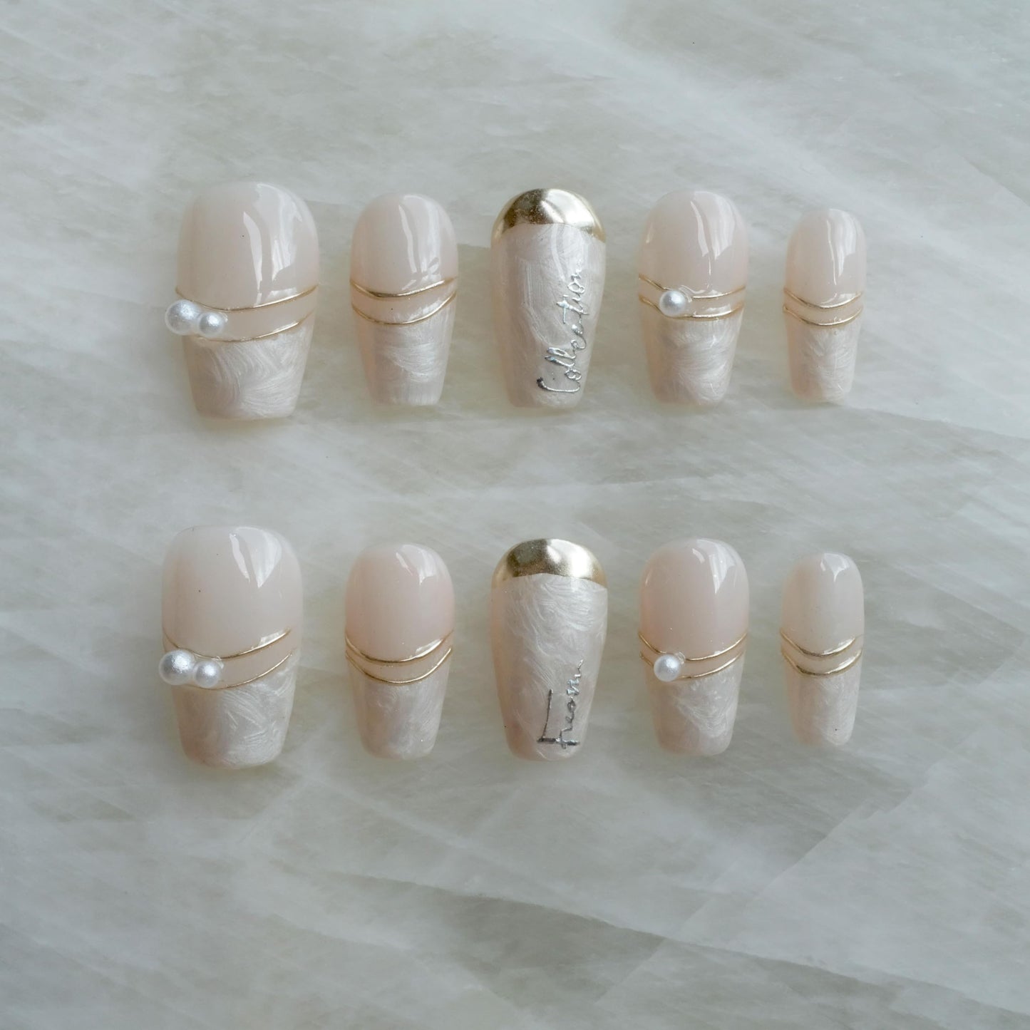 [GLORS] Purly Handmade Medium Ballerina Press on Nails | Luxurious Gold Pearl Fake False Nails, 10 Pieces (Small, MB)