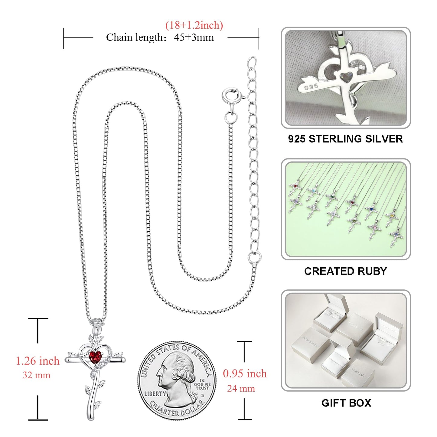 STARCHENIE Rose Cross Necklace 925 Sterling Silver Heart Crucifix Pendant Created Ruby Jewelry for Women