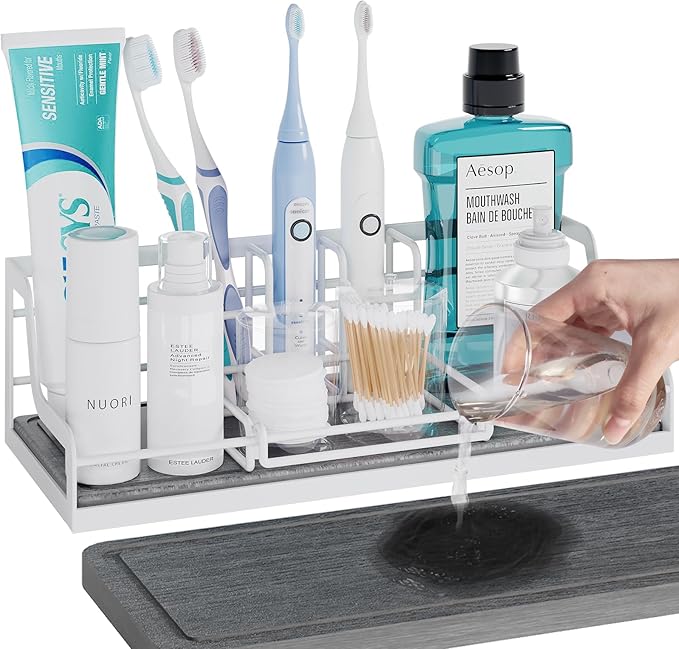 Toothbrush Holders, Bathroom Organizers and Storage with with Instant Drying Stone, 6 Slots Bathroom Accessories with Adjustable Toothpaste Holders, Bathroom Counter Organizer, White