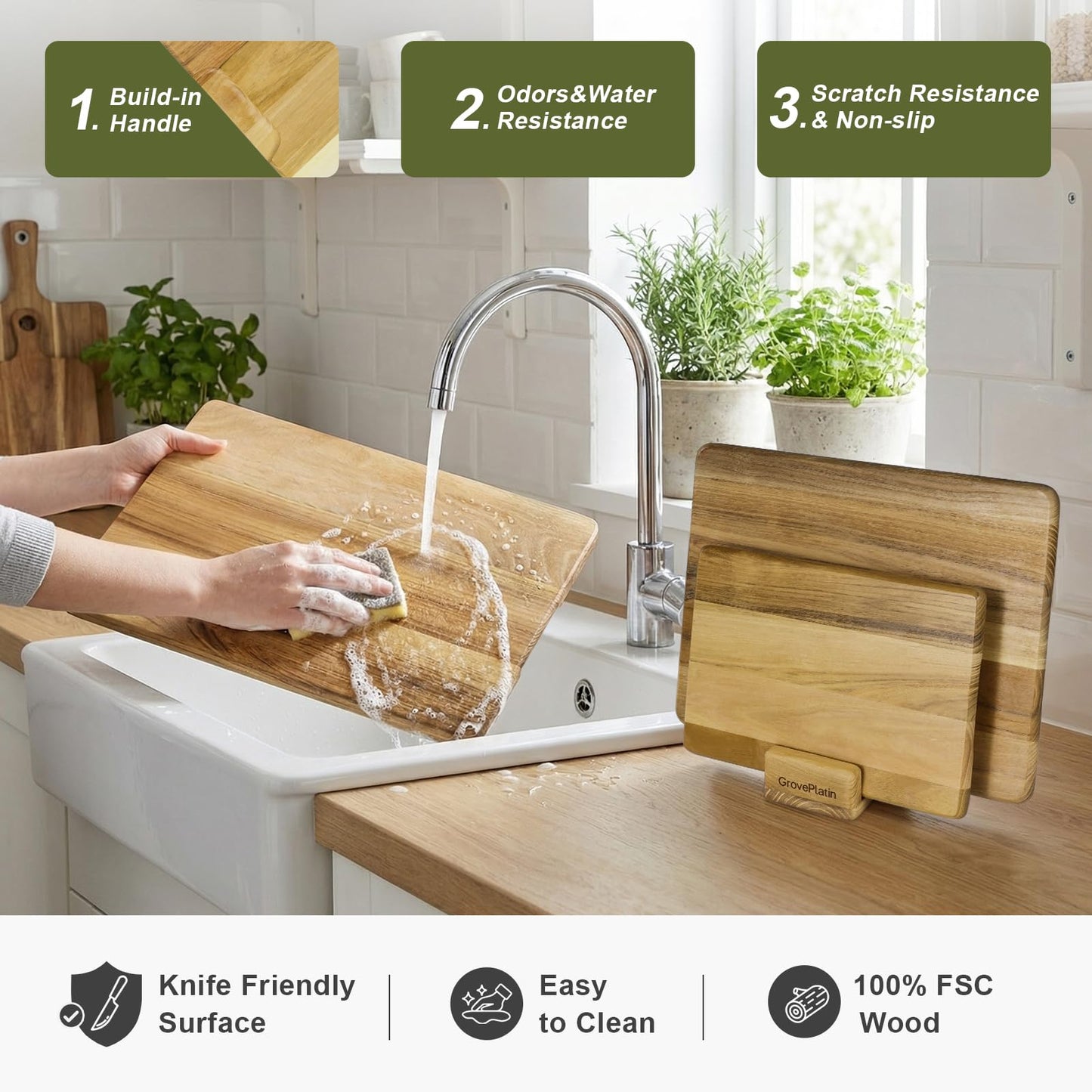 GrovePlatin Teak Wood Cutting Boards for Kitchen (Set of 3), No Juice Groove Chopping Board Charcuterie Cheese Board with Storage Stand