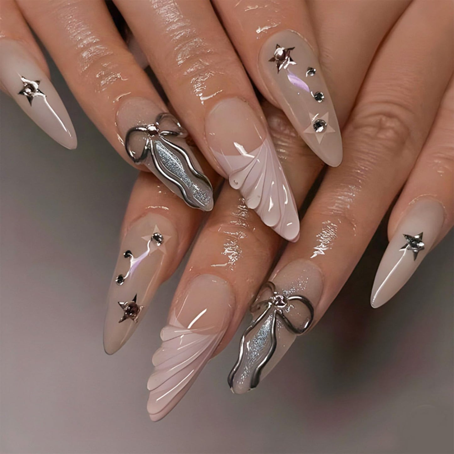 Almond Press on Nails Medium Fake Nails French Tip False Nails 3D Soft Gel Bow Star Stick on Nails Glossy Artificial Nail Press ons with Rhinestone Designs Glue on Nail for Women 24Pcs