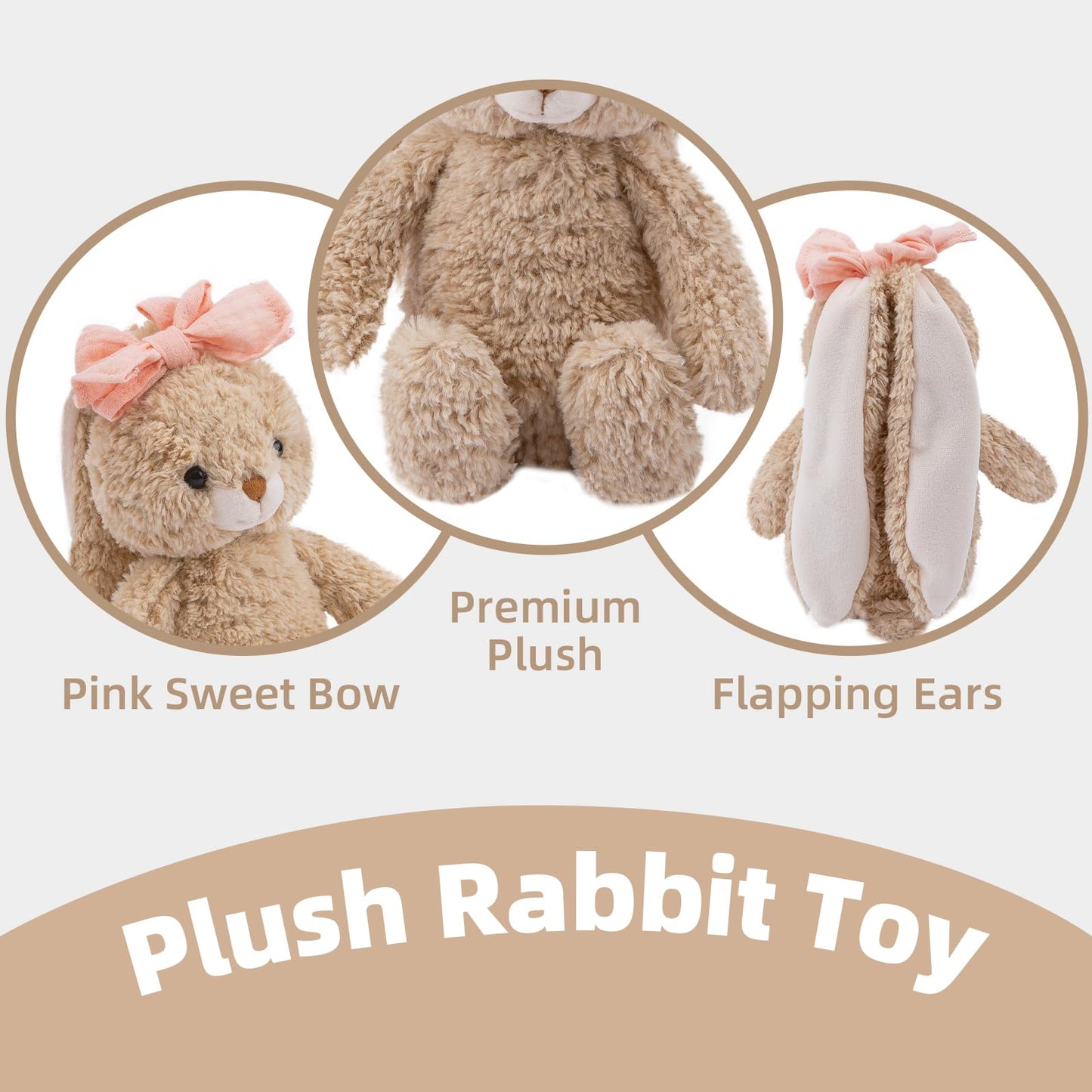 CUDDLE CORNER Bunny Stuffed Animal Soft Rabbit Cuddly Toy 8'' Long - Eared Brown Plush Bunny with Pink Bow Plush Toys for Babies and Toddlers