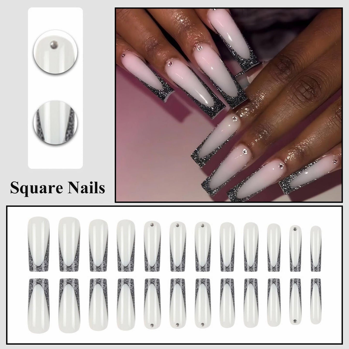 MISUD Press on Nails - Long Square Fake Nails with Black French Tip, Acrylic Bling Glitter Design 24 pcs