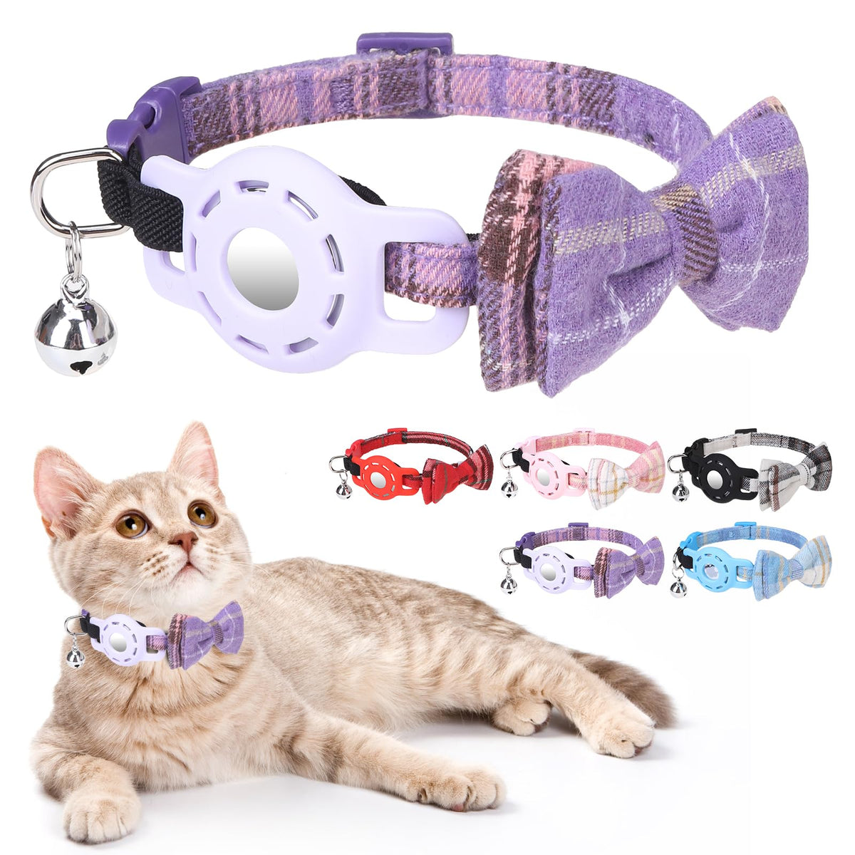 DILLYBUD Airtag Cat Collar Breakaway, Bow Tie Collar with Airtag Holder