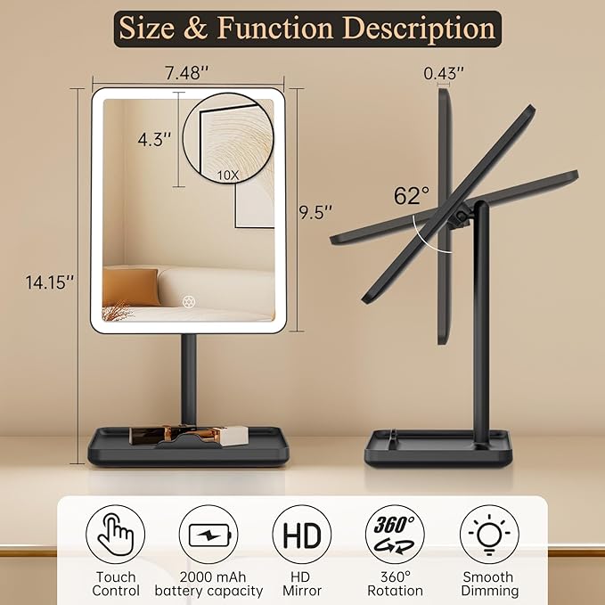 FUNTOUCH Vanity Mirror with Lights, Makeup Mirror with Lights,Smart Touch with 3-Color Lighting,Dimmable,Detachable 10X Magnification for Vanity Desk Tabletop,Black