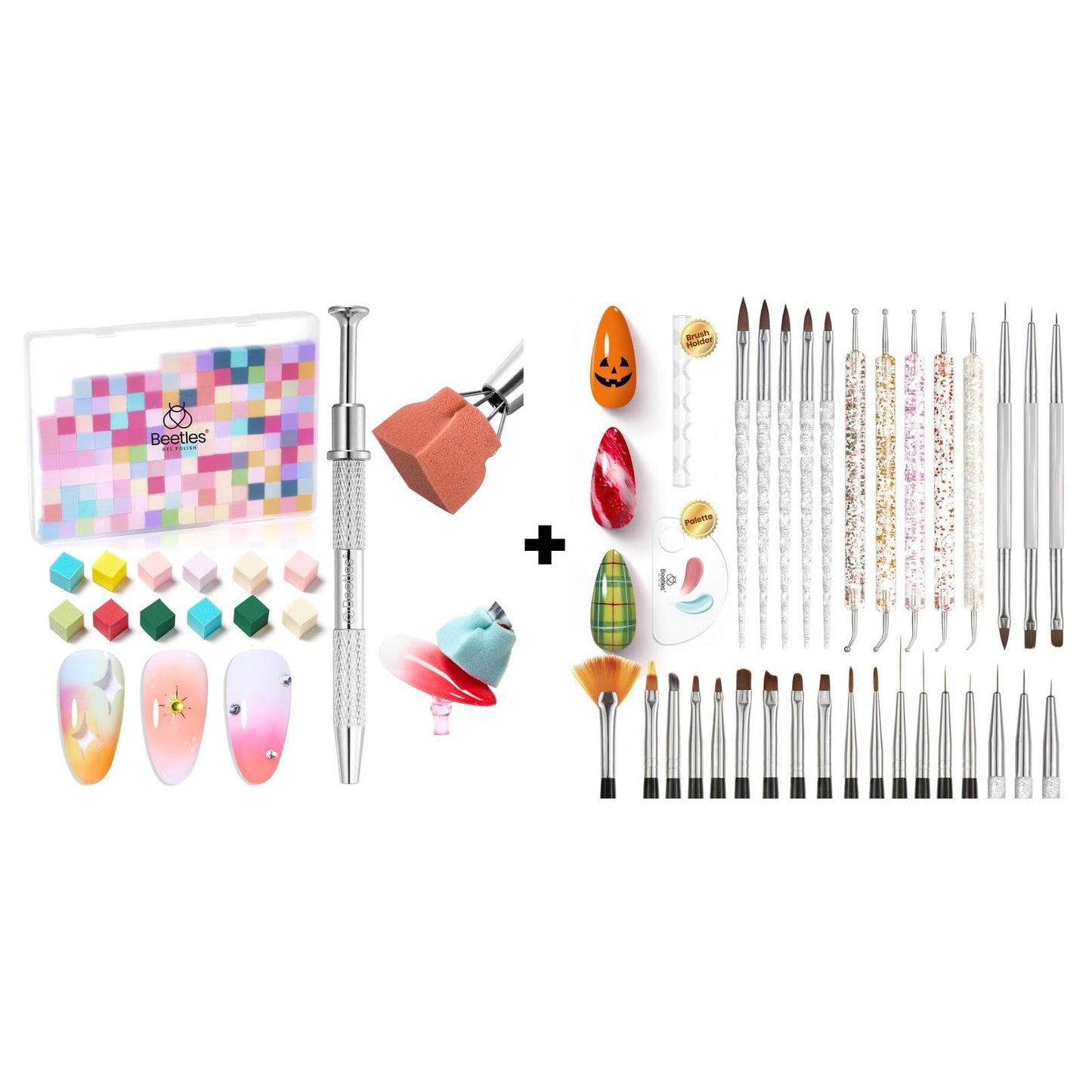 Beetles 150Pcs Soft Nail Sponges for Ombre, Colorful Nail Sponge wit & 31pcs Nail Art Brushes, Dotting Tools, Nail Art Pens, Dust Brush