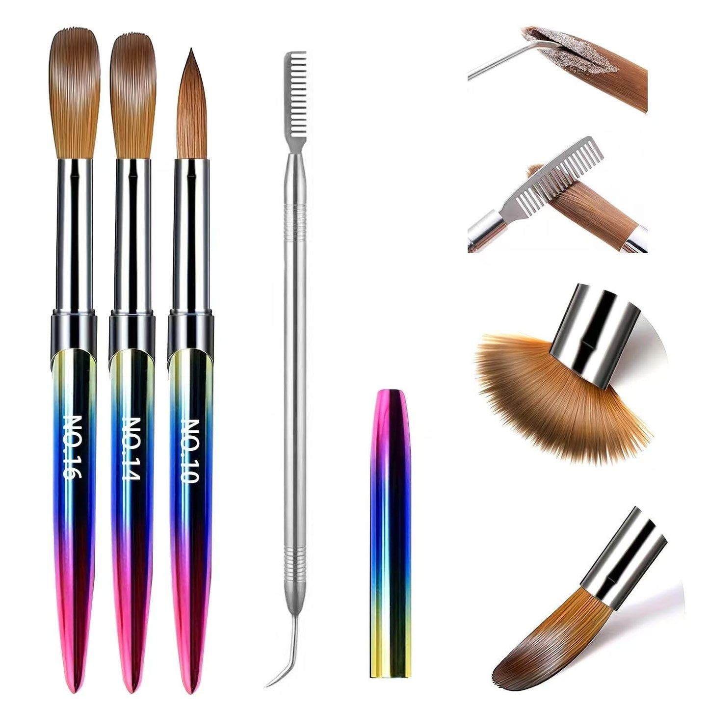 Acrylic Nail Brush Set, Size #10#14#16 Nail Sculpting Brushes with Dual-Ended Stainless Steel Nail Brush & Cuticle Pusher, Professional Manicure Kit for Acrylic Application & DIY Manicure
