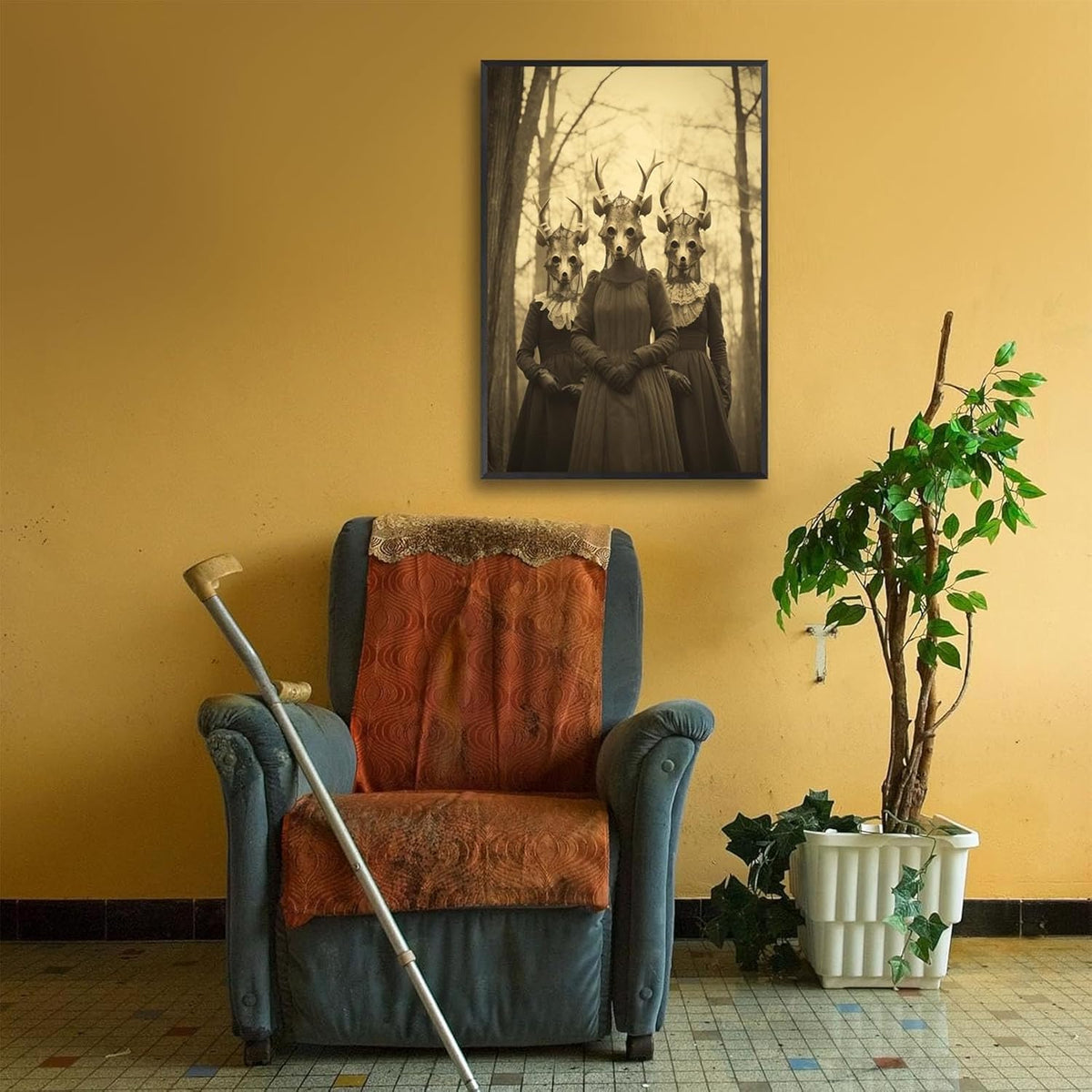 Vintage Horror Skeleton Spooky Three Skull In Occult Forest Posters Canvas Wall Art Poster Gothic Dark Academia Decor Creepy Print Retro Halloween Wall Decor 24X36inch Aluminum Framed