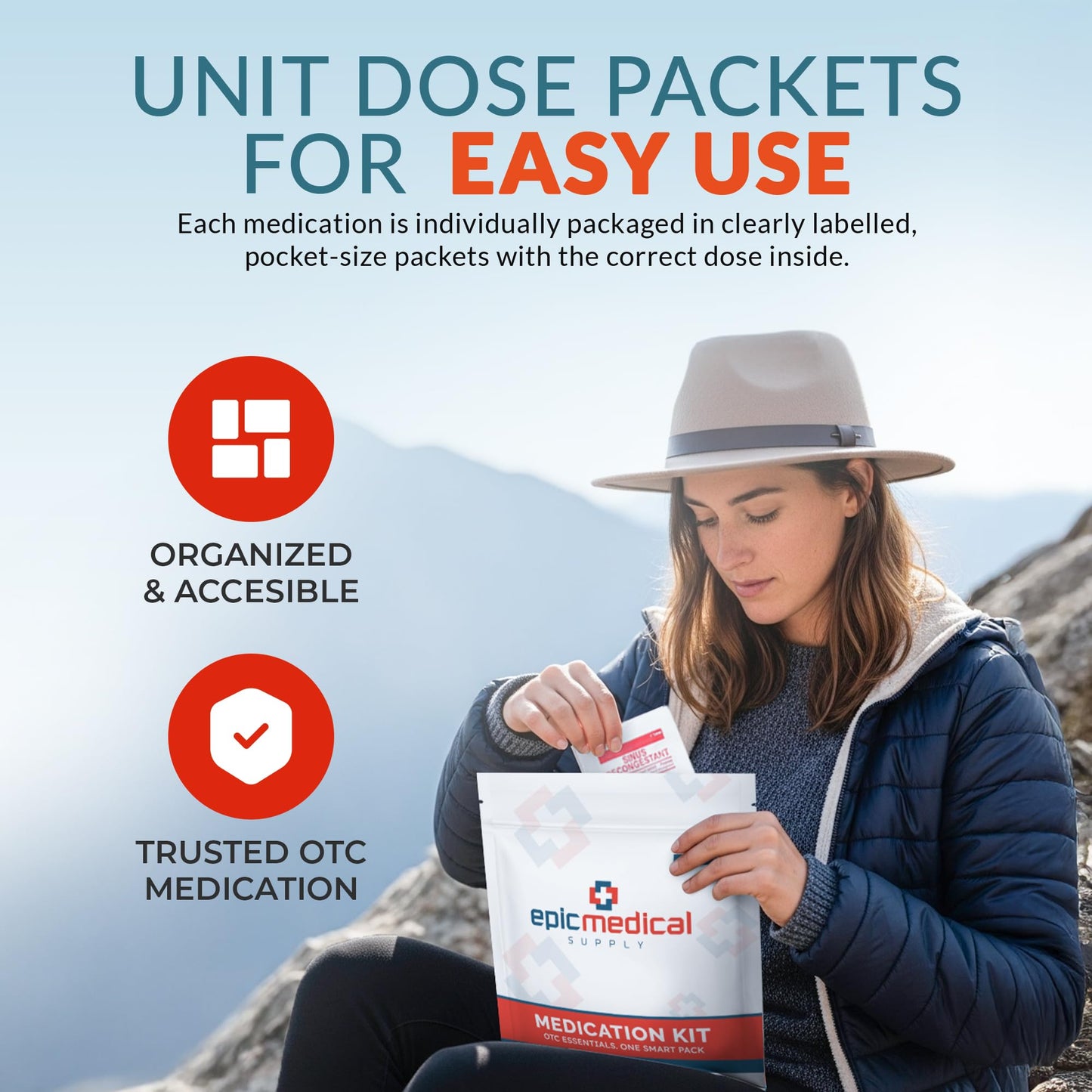 Epic Medical Supply First Aid Kit Medication Refill – 70-Count Unit Dose Packets – Emergency Medicine Kit Pills for 1st Aid Kit Refills, Travel, Office, Dorm, Camping – Assembled in USA (70 Pieces)