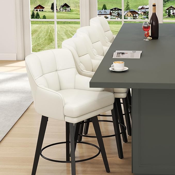 360°Swivel Counter Height Bar Stools with Back, 26 inch Solid Wood Legs, Bar Stool Modern Kitchen Island Chairs, Faux Leather (Beige- Faux Leather, 26" H- Set of 1)