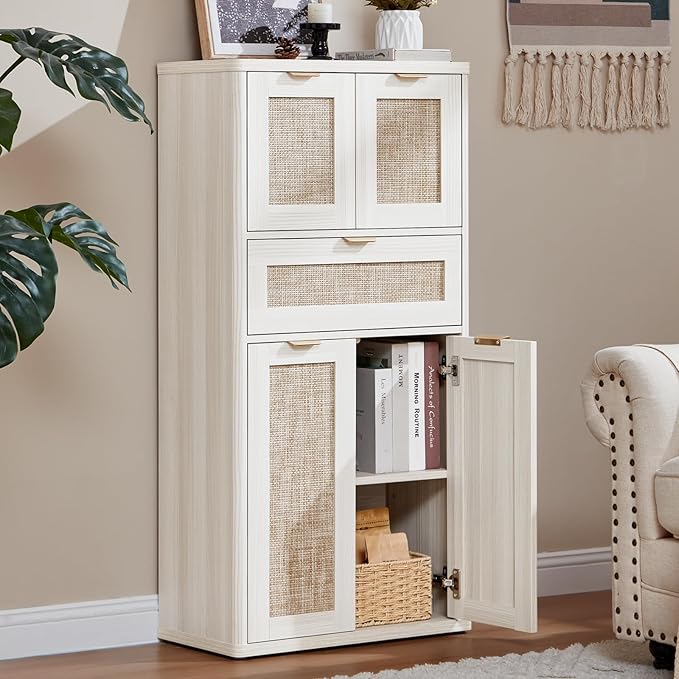 LEYAOYAO 48" Tall Storage Cabinet,Rattan Bathroom Floor Cabinets with 2 Doors & 1Drawer,Boho Kitchen Pantry with Adjustable Shelves,Wooden Cupboard for Living Room,Home Office,Dining,White Cream Oak
