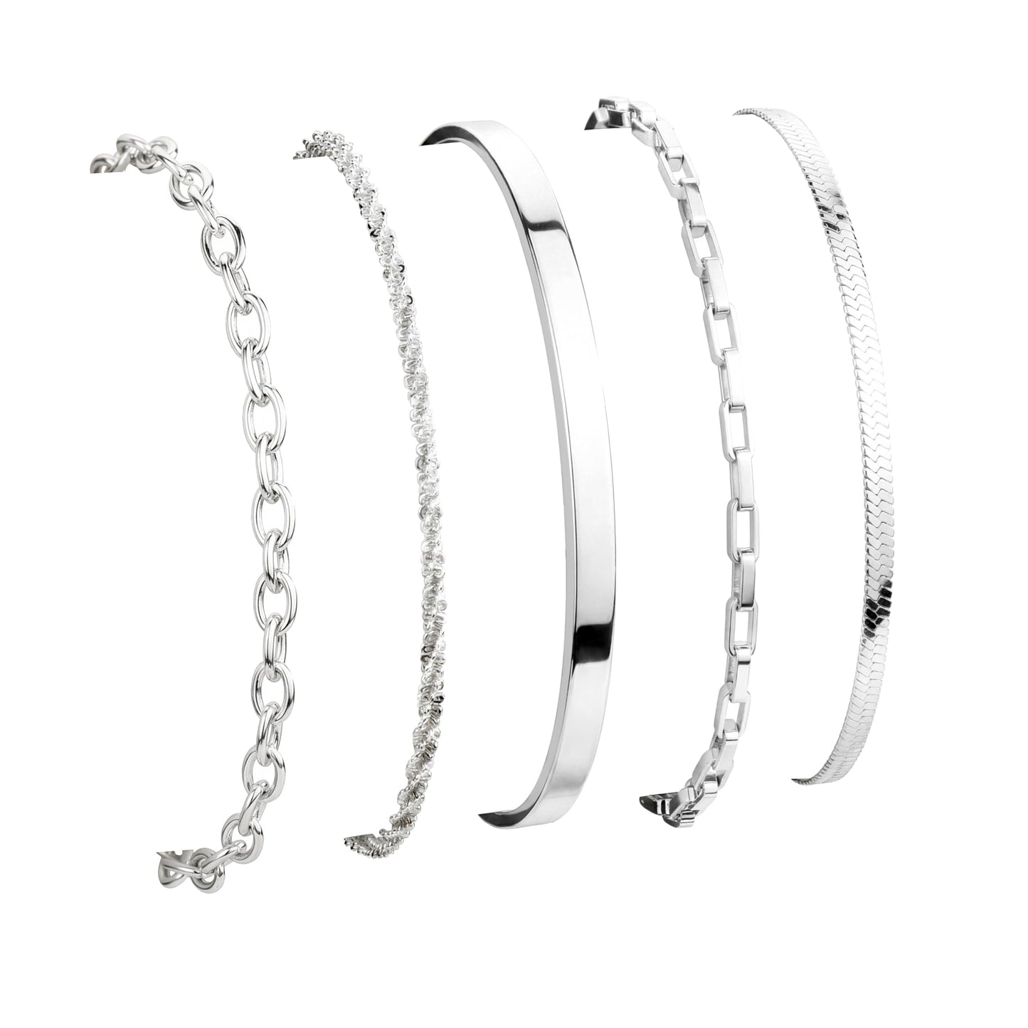 WomenGifts Silver Bracelet Stack for Women, Stackable Bracelets Sterling Silver Set on Bangle Cuff, Box Link, Figaro, Herringbone, Sparkling Chain, Waterproof Tarnish Resistant Jewelry Gift for Women