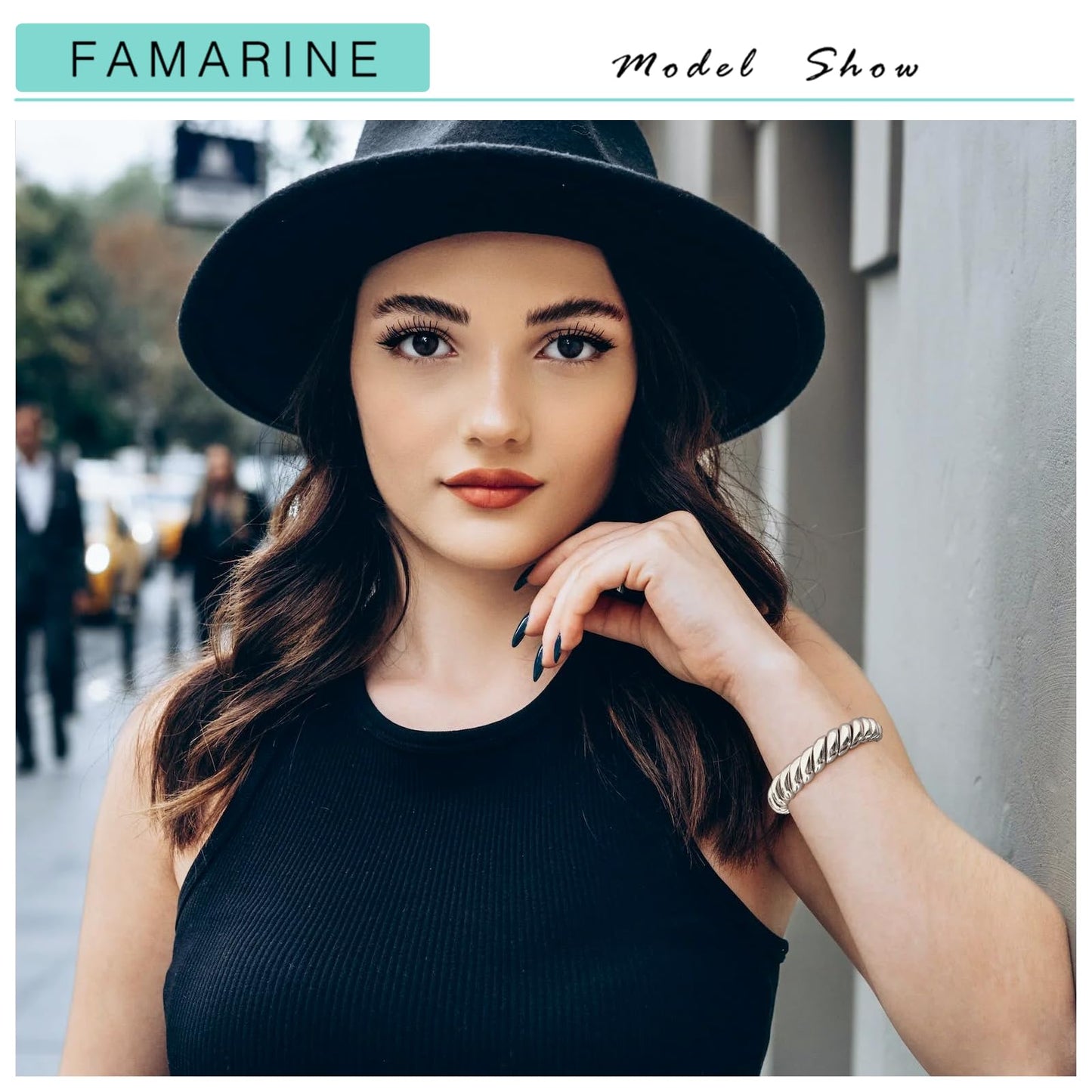 FAMARINE Silver Chunky Bangle Bracelet, Stretchable Elastic Bracelet for Women Men