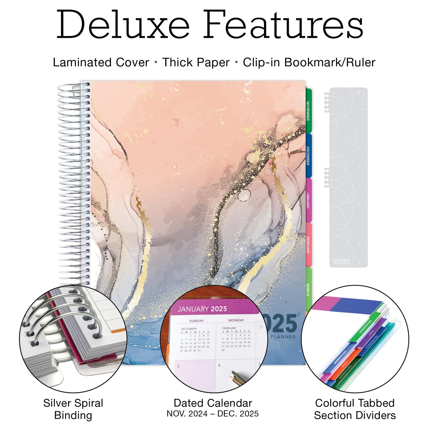 DELUXE 2025 Planner, 8.5"x11": 14 Months (November 2024 - December 2025), Includes Page Tabs, Bookmark, Planning Stickers, Pocket Folder Daily Weekly Monthly Planner Yearly Agenda (Colorful Marble)