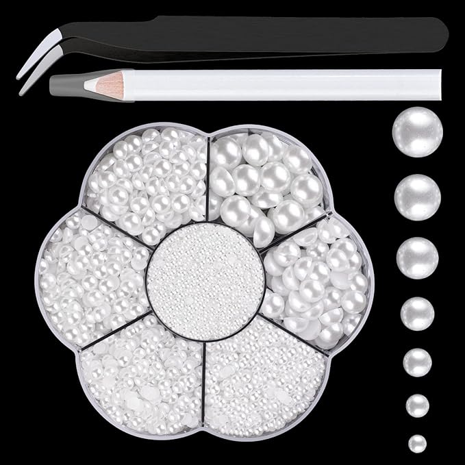 Nail Art Flat Back Half Round Pearl Kits 7, 1 Box of 2400 Pcs Flat-Back White Pearl with Tweezer and Picker Pencil for Home DIY Nails Body Face Craft and Salon Use