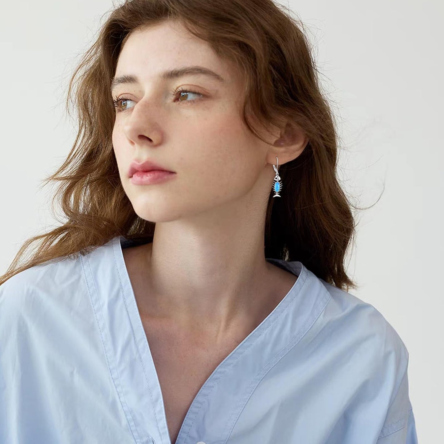 Fish Bone Dangle Earrings Sterling Silver Blue Opal Fishbone Skeleton Drop Earrings Jewelry Gift for Women