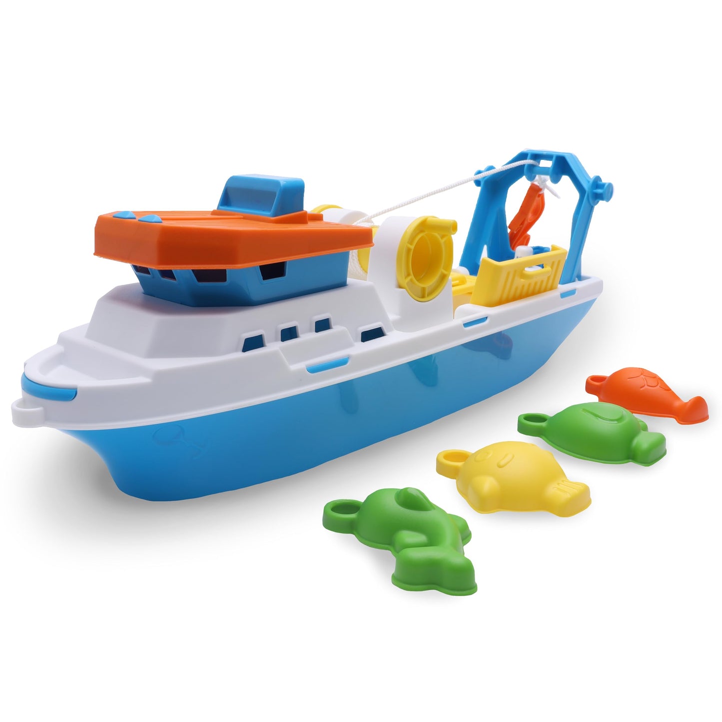 Toyland® 40cm (16") Colourful Fishing Boat with Moveable Doors, Fishing Hook & 4 Plastic Fish - Kids Floating Water Toy - Pool & Bathtime Toys - 3 Years+