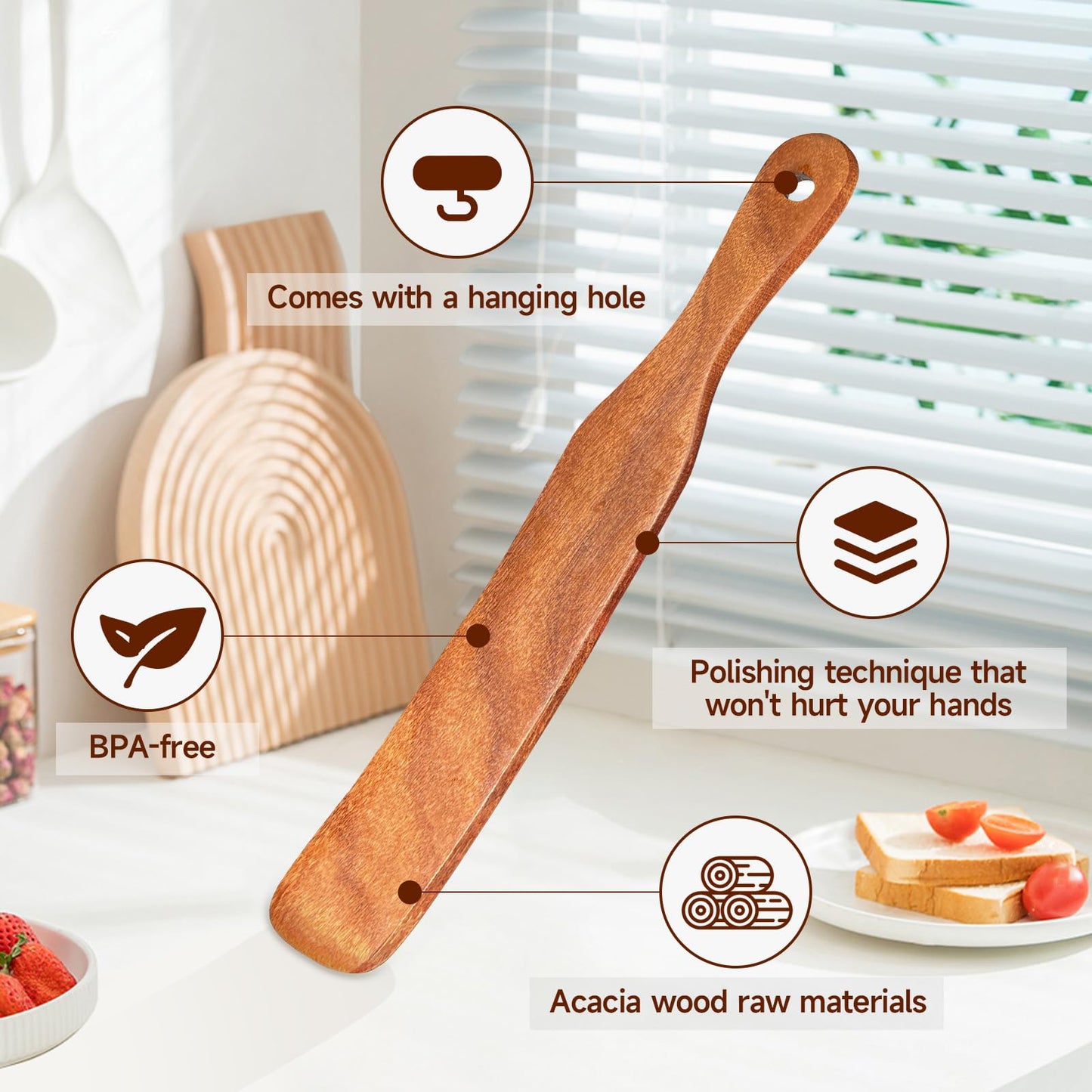 2Pcs Acacia Wood Skinny Spurtle Set - Skinny Stirring Rods for Sourdough Starter, Mixing & Scraping Dough - with Hanging Holes for Easy Storage (Natural wood color)