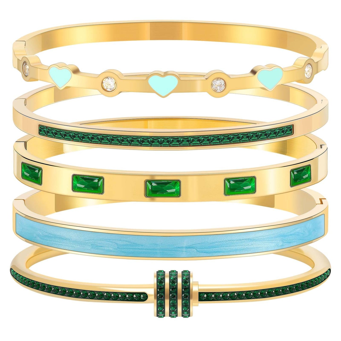 Camhanno 18K Gold Plated Stainless Steel 5-Piece Gold Bangle Bracelet Set for Women - Pink Crystal Friendship & Love Heart Design, Stackable Bangles Jewelry - Ideal Birthday Gift for Women (Green)