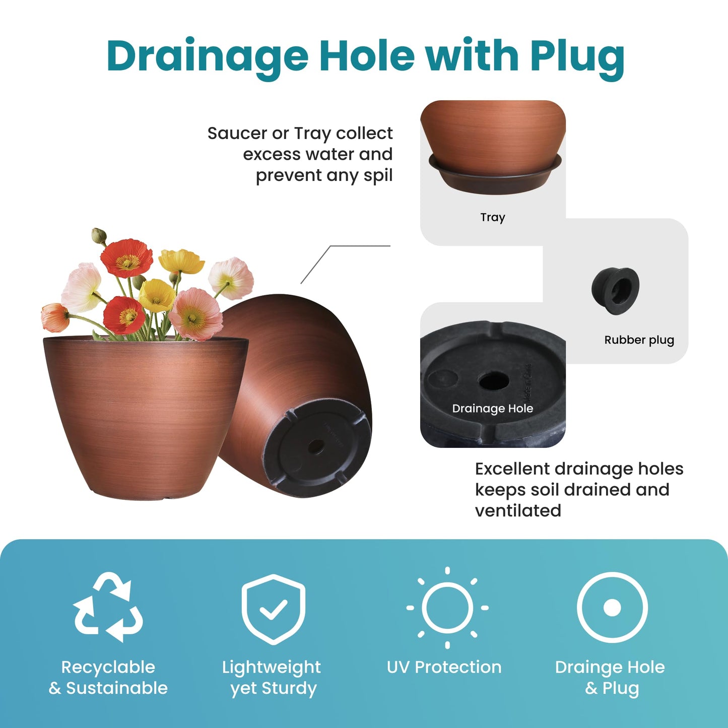Vanslogreen 2 Pack Plastic Plant Pots with Drainage Holes, 8 inch Planter for Indoor Outdoor Plant, Garden Flower Pots for Aloe, Herbs, Cactus (Brushed Copper, 2pcs)