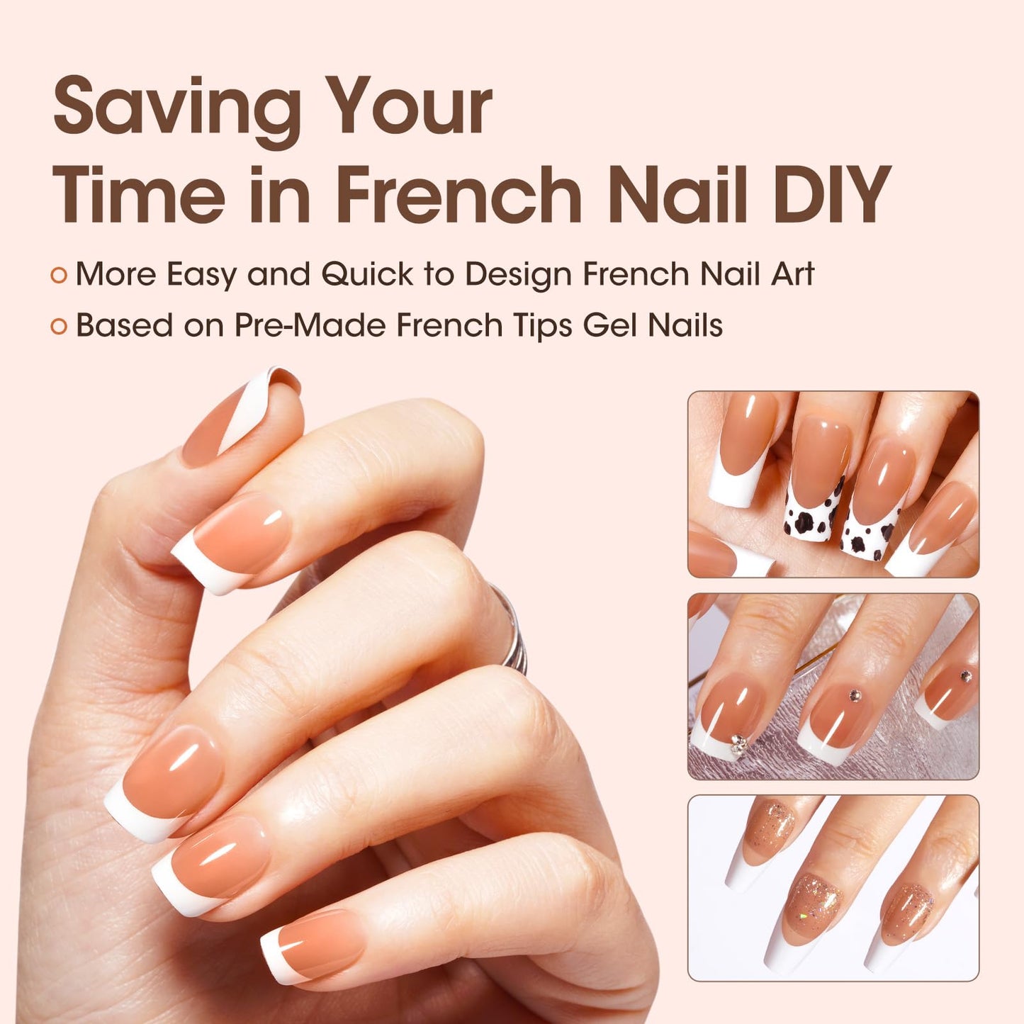 Gellen French Soft Gel Nail Tips - 150 pcs White French Tip Short Press on Nails Brown Square Shape, 3 in 1 Pre-french Gel Nail Tips 15 Sizes, Need Curing Under U V Light