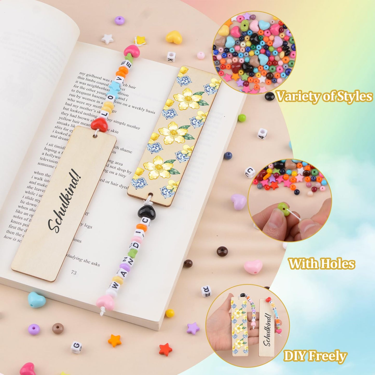 WANDIC 24Pcs Wooden Personalised Bookmark with A-Z Letter & 4 Styles Colorful & 0-9 Digital Square Beads Wooden Blank DIY Bookmark with Hole DIY Craft
