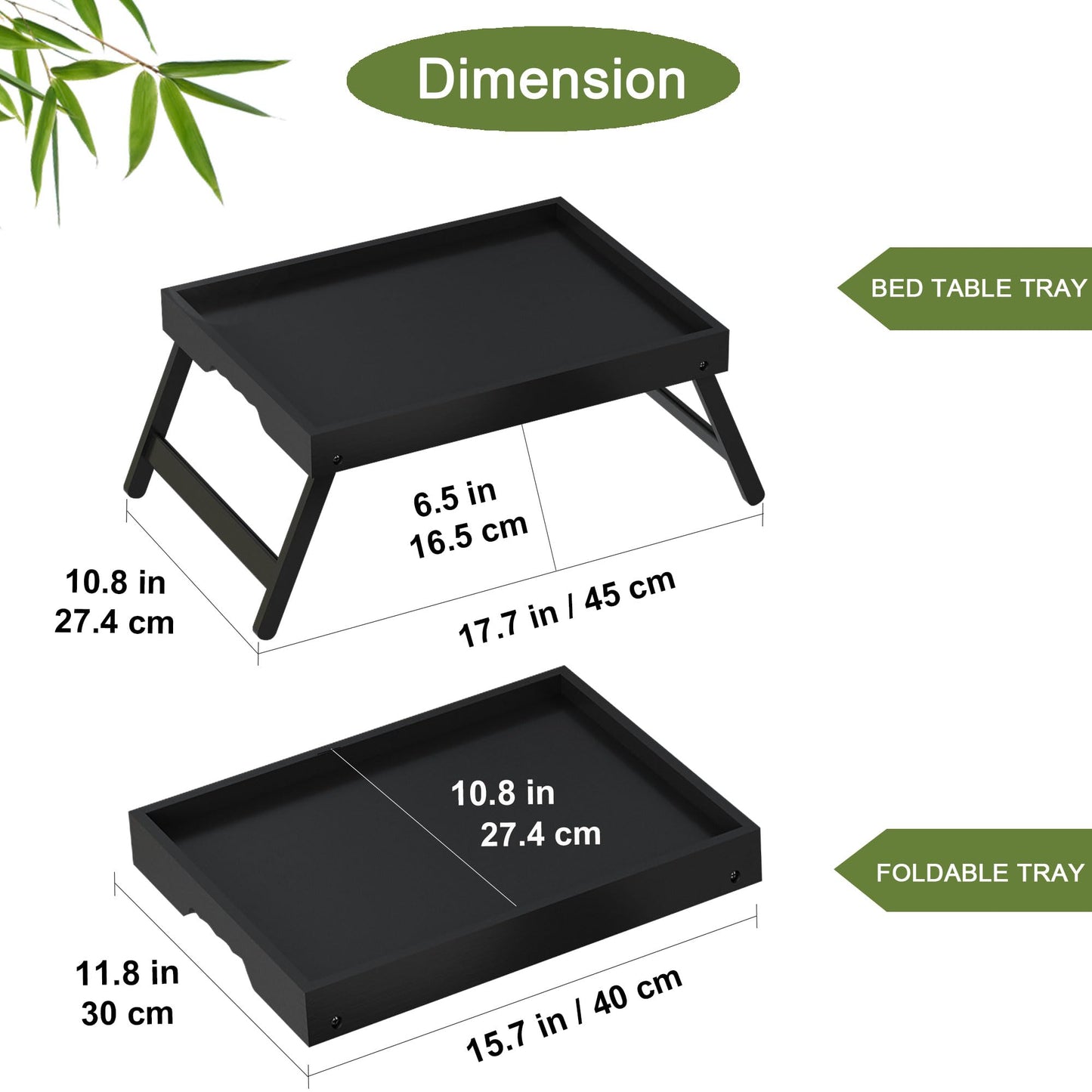 Asuthzon Bamboo Bed Tray Table with Foldable Legs, Breakfast in Bed Tray for Kitchen Serving Tray, Eating, Working, Drawing Tray (2 Pack, Black)