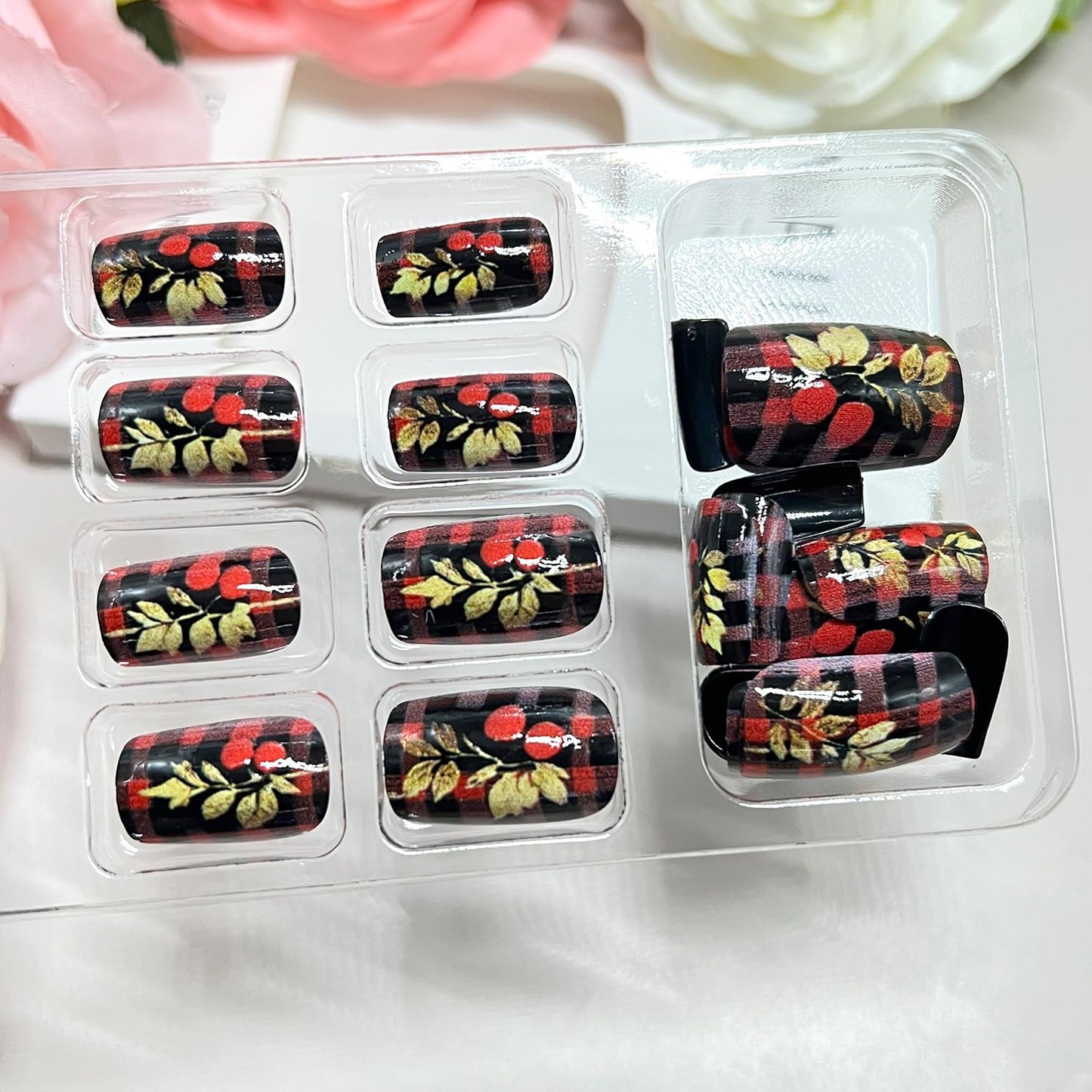 Vopintpy Gold Glitter Leaf Press on Nails Medium Square Fake Nails with Design Glossy Acrylic Glue on Nail Reusable Full Cover Artificial Stick on Nail for Women DIY Manicure