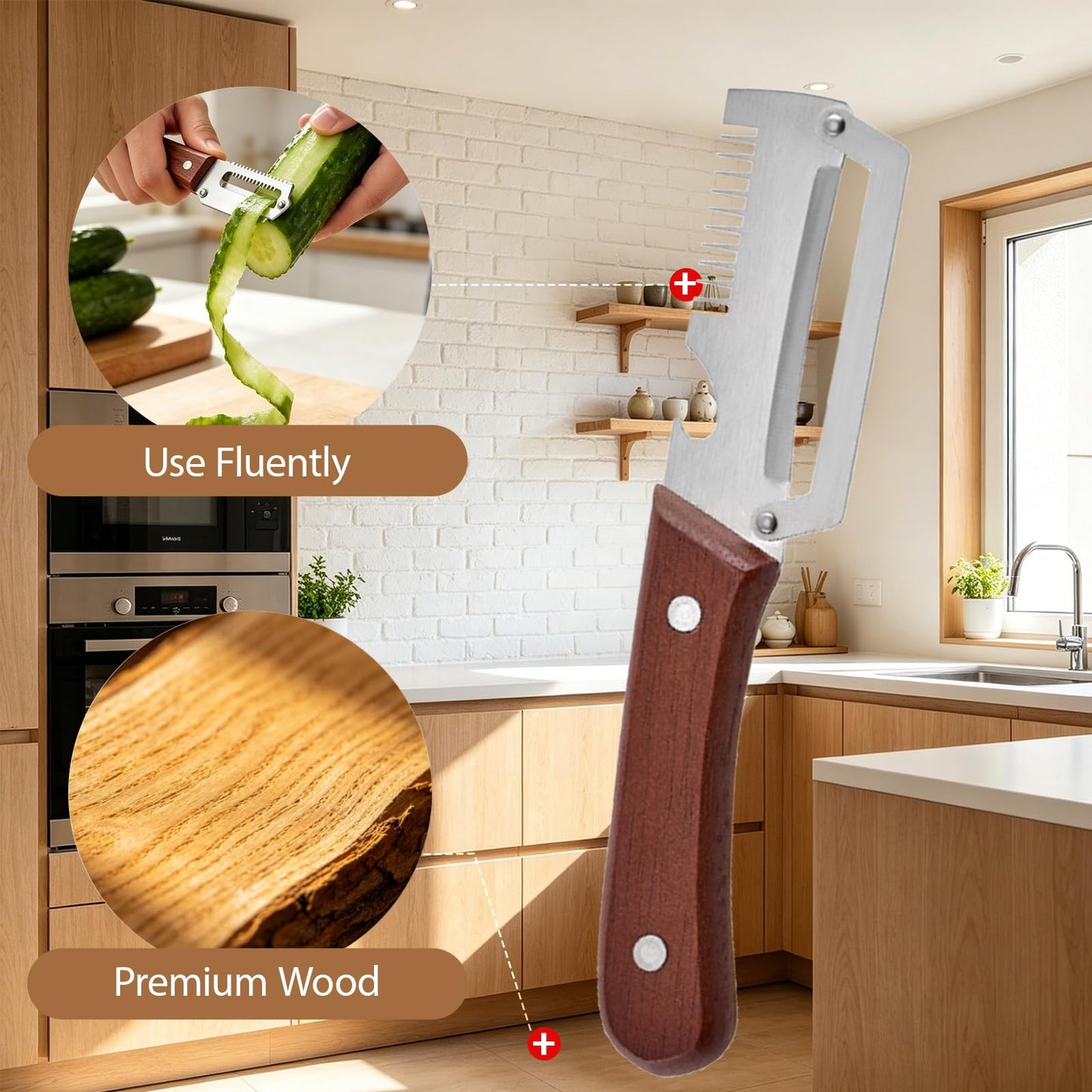 Multi-Functional Vegetable Peeler with Wooden Handle,3-in-1 Stainless Steel Stainless Steel Veggie Cutter with Bottle Opener,Kitchen Tool for Fruit Veggie Pumpkin That Need to Be Peeled(2PCS)