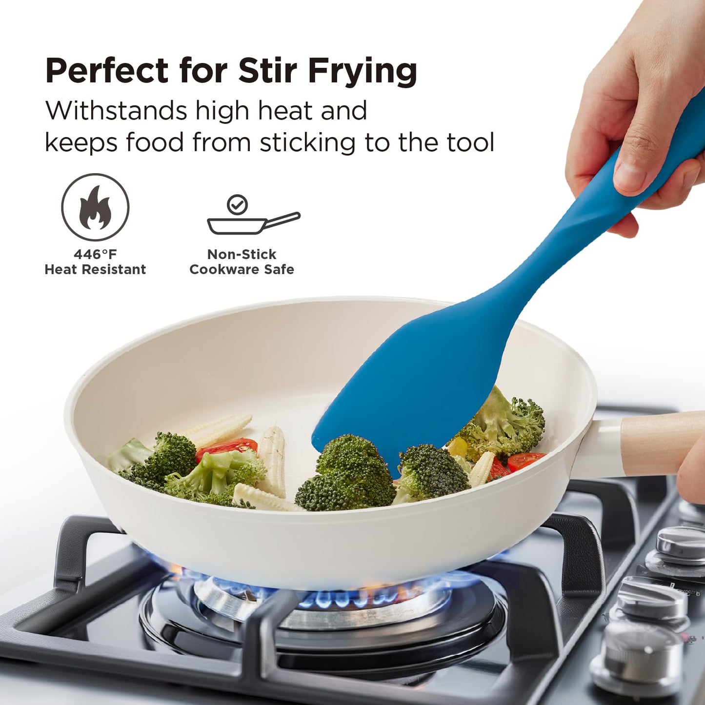 Kitchen Mama WaltzGrip Platinum Silicone Scraping Spatula: Heat Resistant, Seamless, Non Stick for Frying Pan Cookware, Safe, Flexible Bowl Scraper - Ideal for Mixing, Baking, Stirring (Blue)