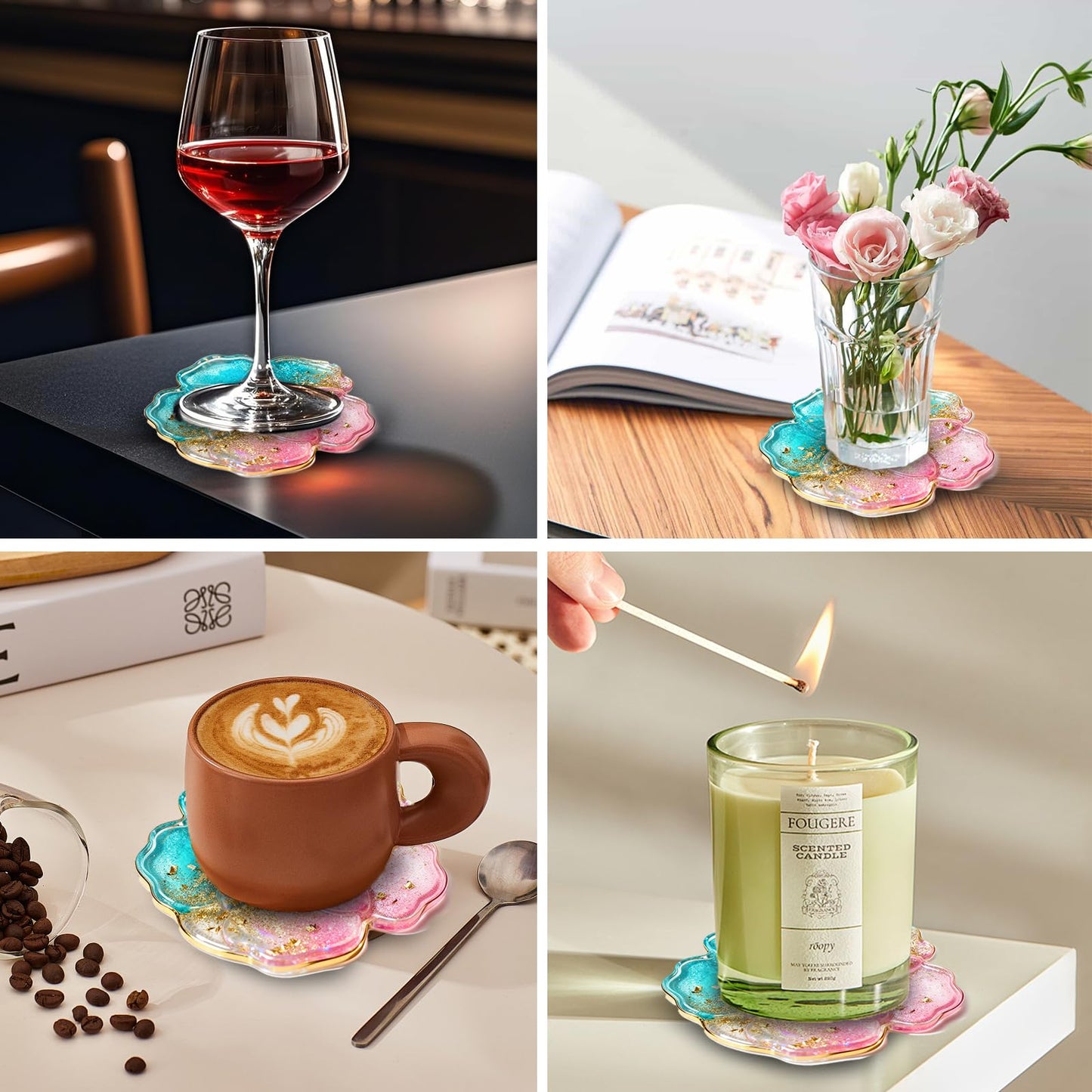 Panamalar Silicone Coaster Resin Molds, 5PCS Flower Coaster Molds with Holder Mold for Epoxy Resin, Coaster Tray Resin Casting Molds for DIY Art Craft Home Decoration Table Wine Cup Mat
