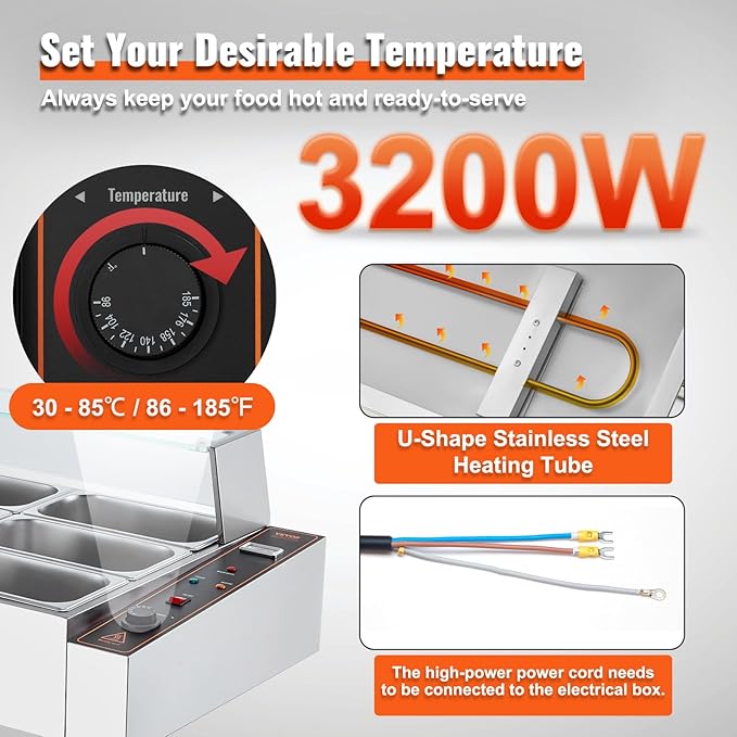 VEVOR 12-Pan Commercial Food Warmer, 12 x 8QT Electric Steam Table with Glass Cover, 3200W Countertop Stainless Steel Buffet Bain Marie w/Thermometer 86-185°F Temp Control for Catering, Restaurants